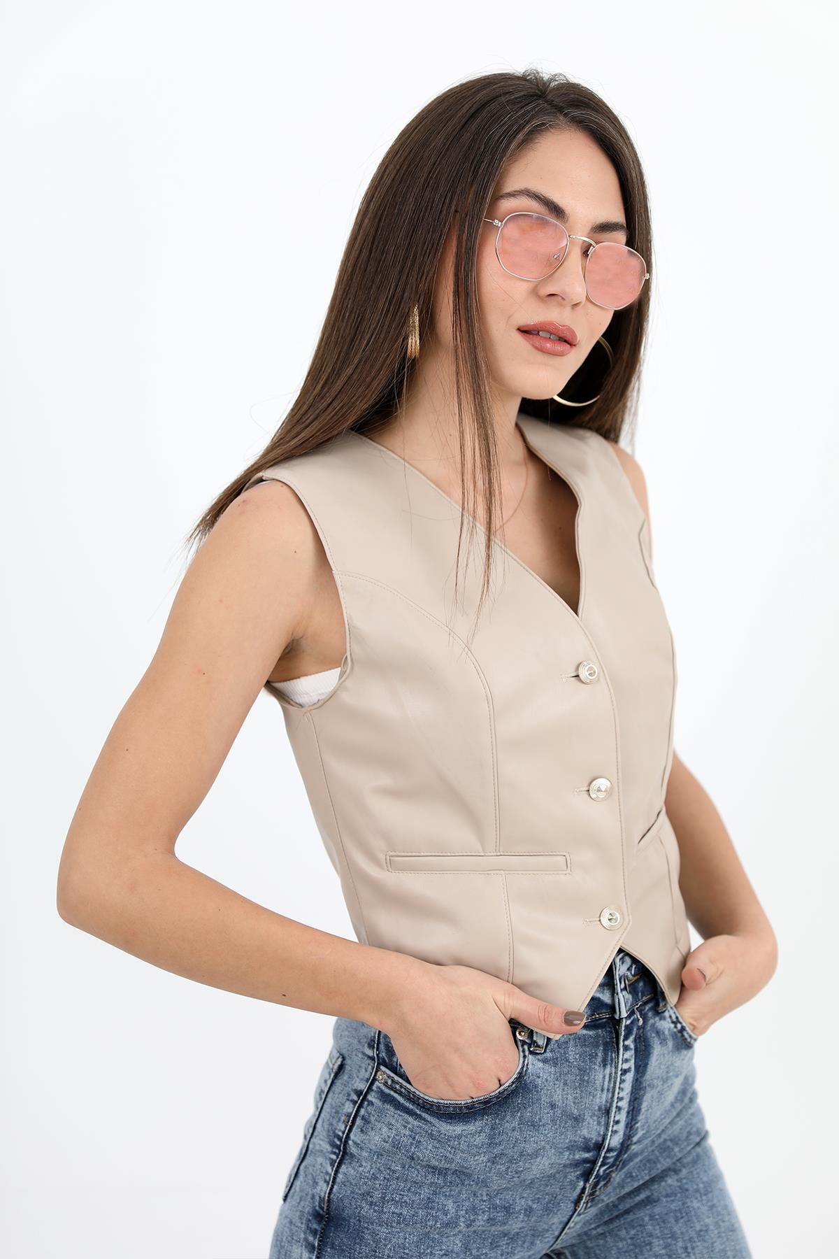 Fleto Cepli Deri Yelek - Taş