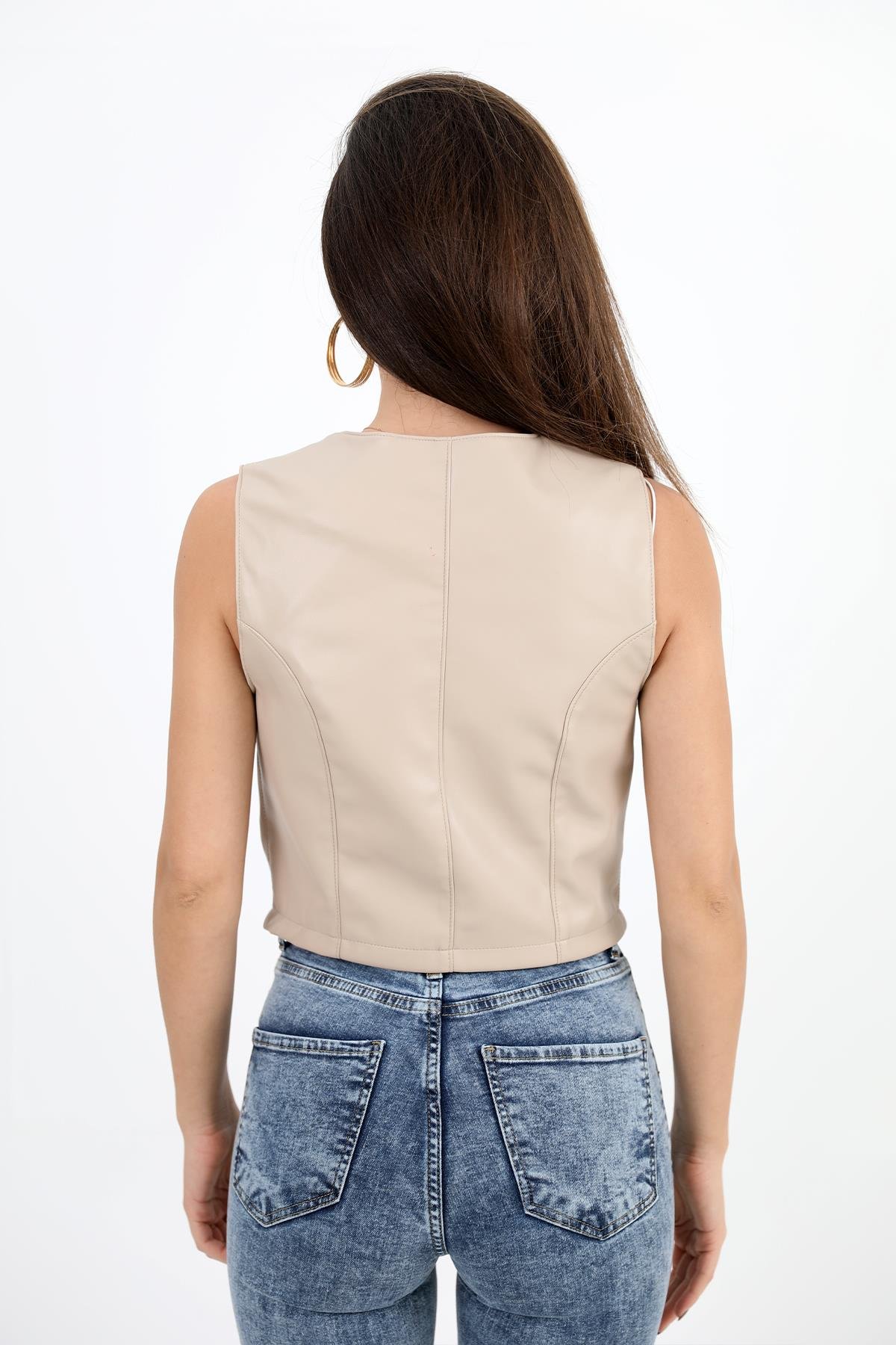 Fleto Cepli Deri Yelek - Taş