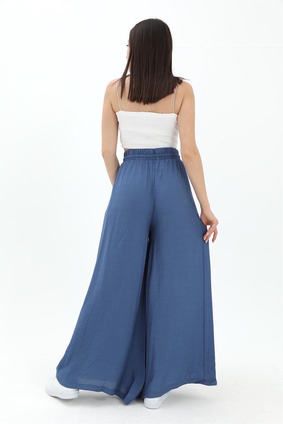 Geniş Kemerli Bol Paça Düz Keten Kadın Pantolon - Mavi
