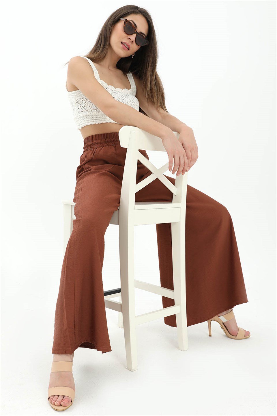 Geniş Kemerli Bol Paça Düz Keten Kadın Pantolon - Kahverengi