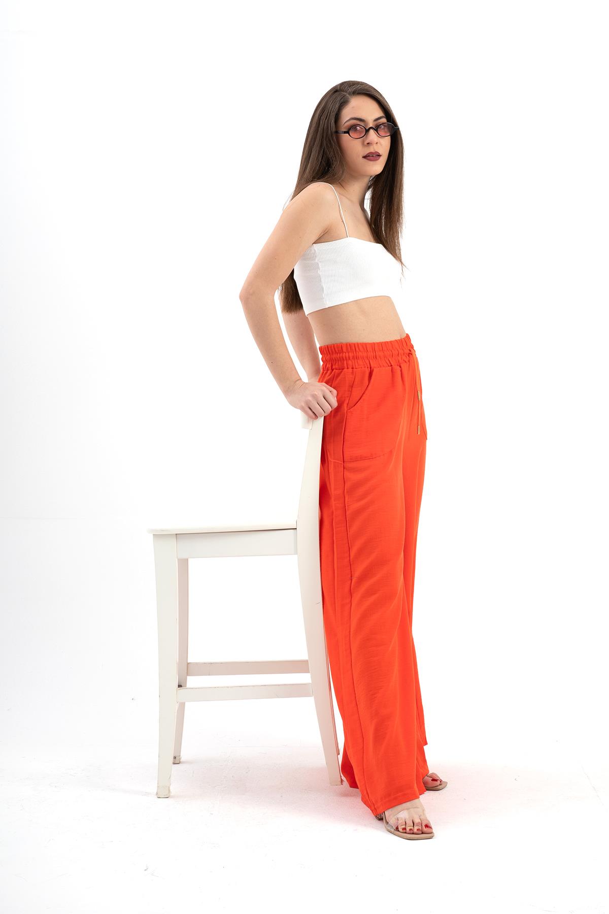 Geniş Kemerli Bol Paça Düz Keten Kadın Pantolon - Oranj