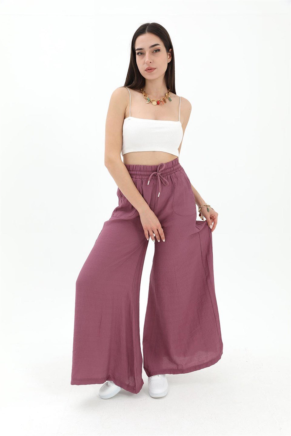 Geniş Kemerli Bol Paça Düz Keten Kadın Pantolon - Lila