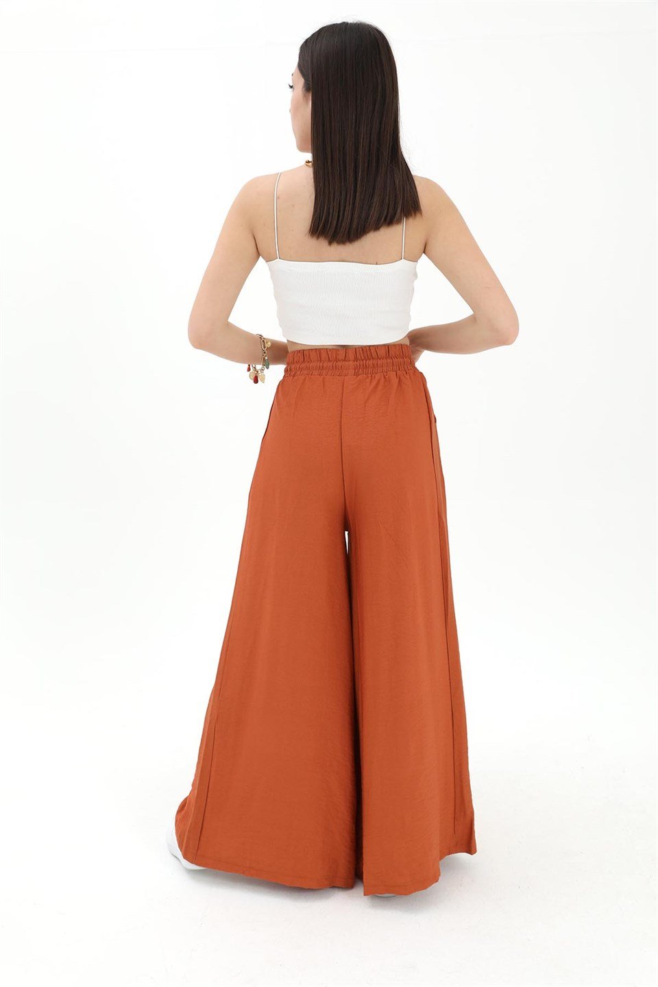 Geniş Kemerli Bol Paça Düz Keten Kadın Pantolon - Taba