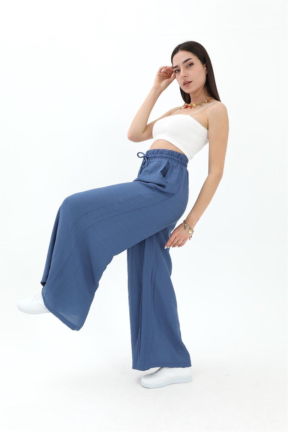 Geniş Kemerli Bol Paça Düz Keten Kadın Pantolon - Mavi