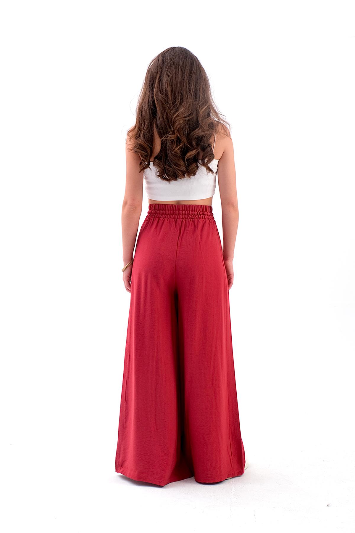 Geniş Kemerli Bol Paça Düz Keten Kadın Pantolon - GülKurusu