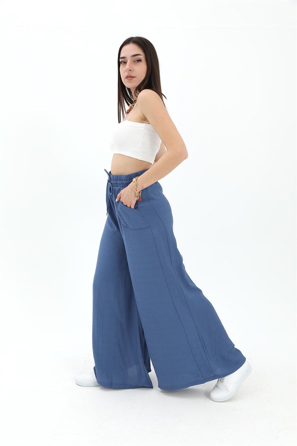 Geniş Kemerli Bol Paça Düz Keten Kadın Pantolon - Mavi