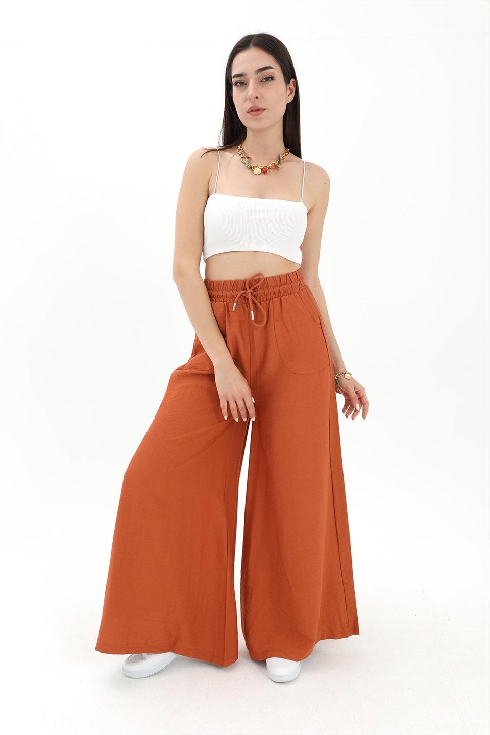 Geniş Kemerli Bol Paça Düz Keten Kadın Pantolon - Taba