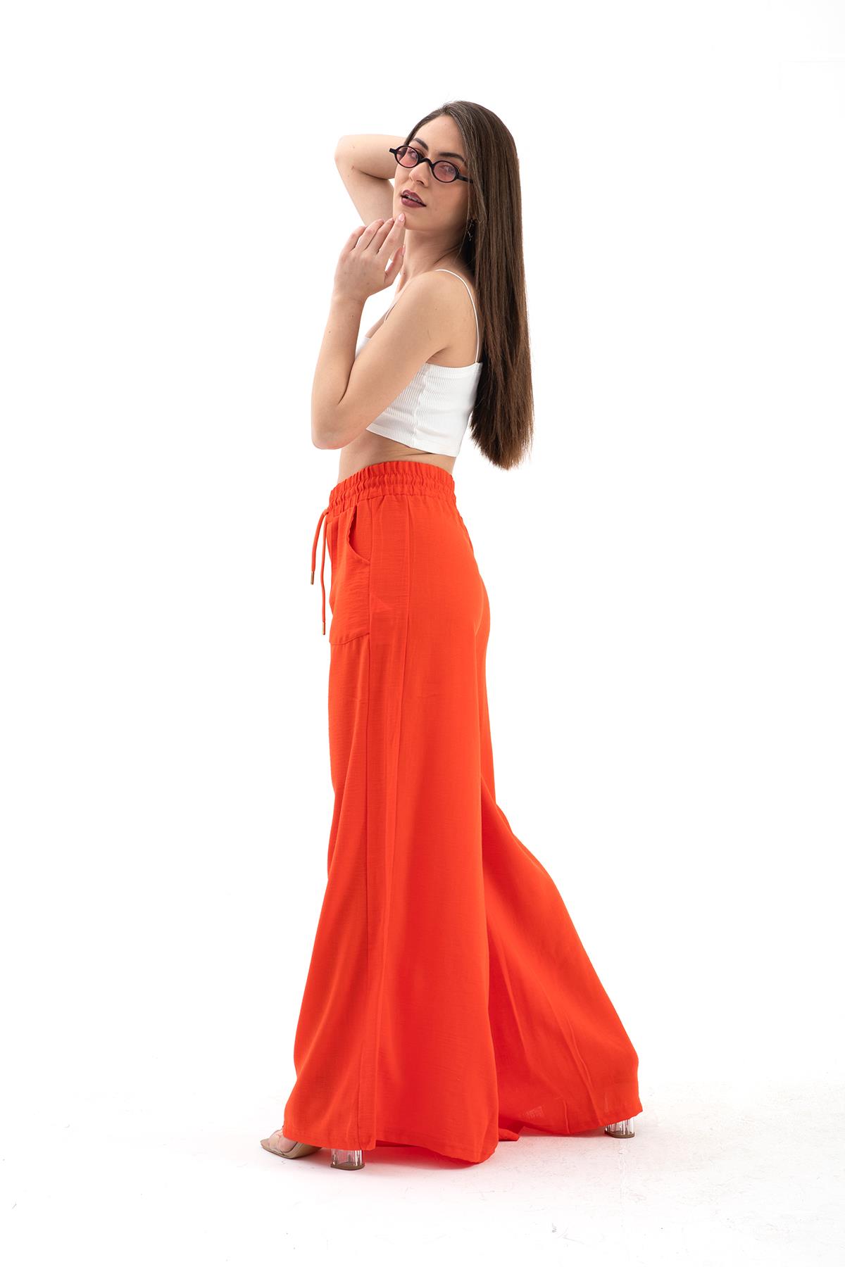 Geniş Kemerli Bol Paça Düz Keten Kadın Pantolon - Oranj