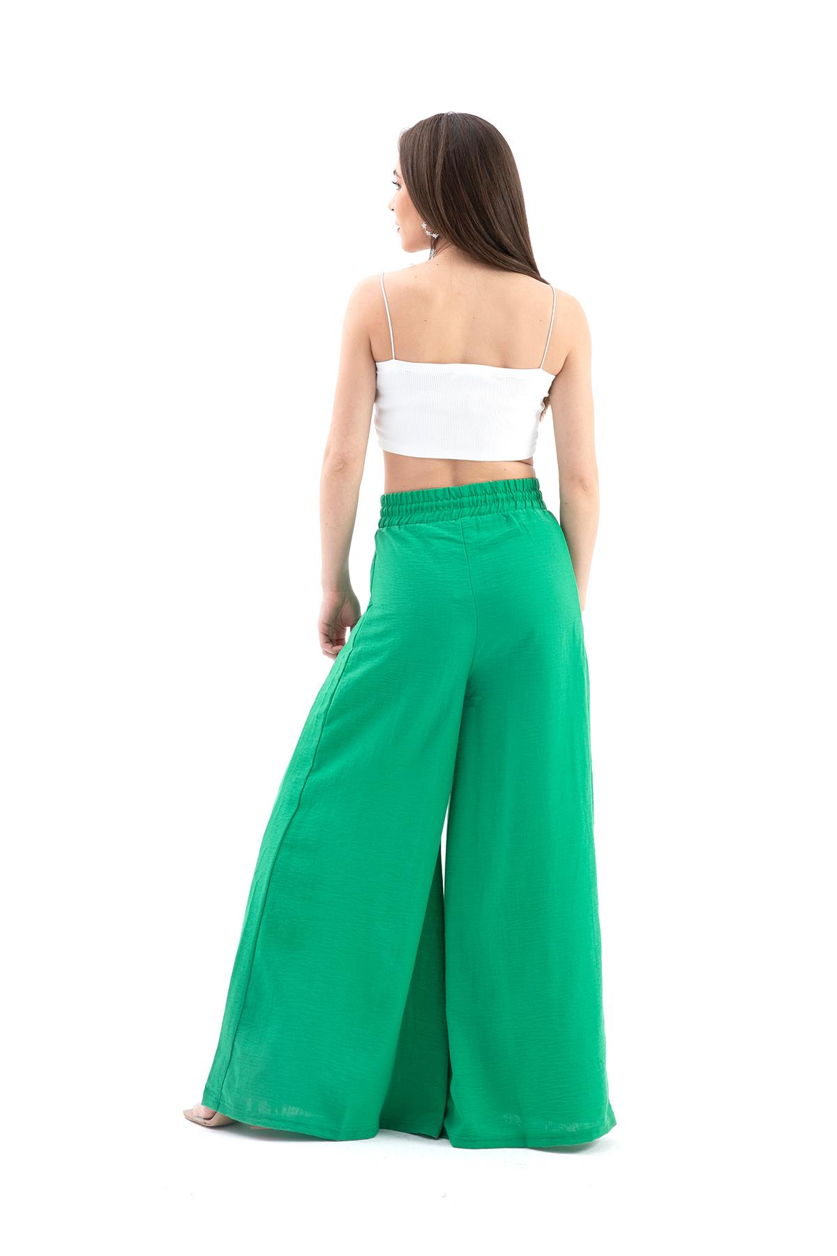 Geniş Kemerli Bol Paça Düz Keten Kadın Pantolon - Yeşil