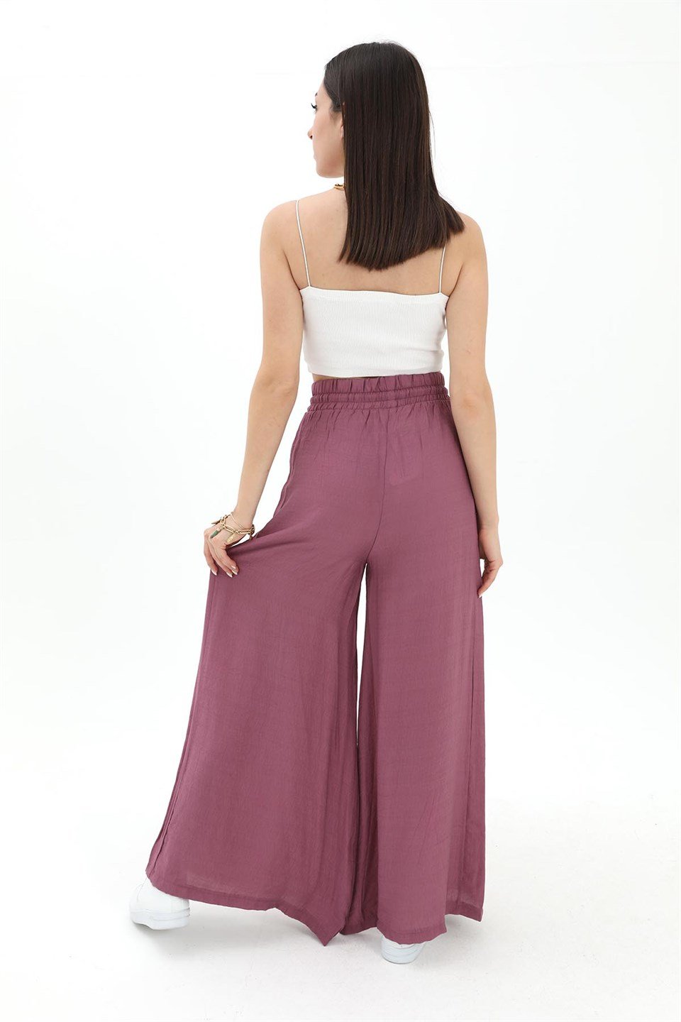 Geniş Kemerli Bol Paça Düz Keten Kadın Pantolon - Lila