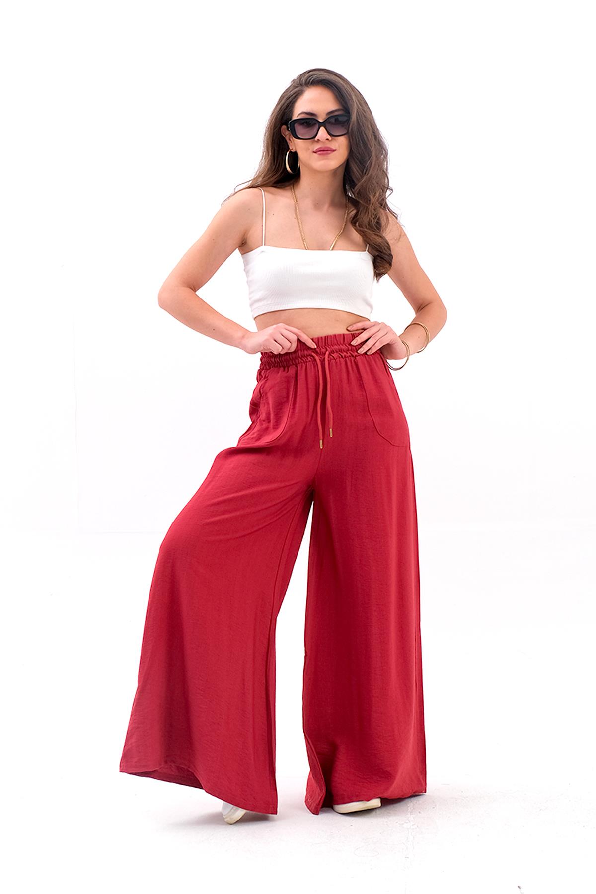 Geniş Kemerli Bol Paça Düz Keten Kadın Pantolon - GülKurusu