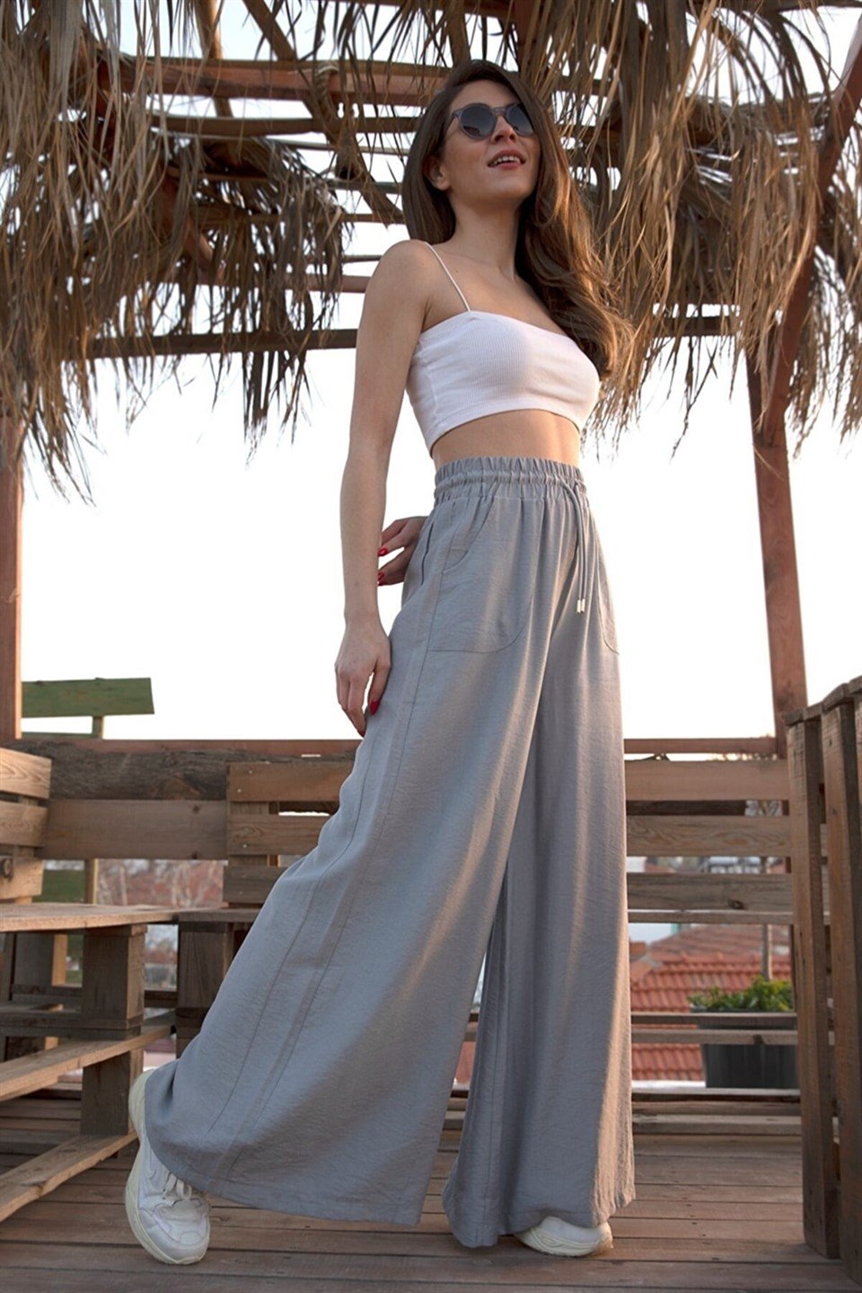 Geniş Kemerli Bol Paça Düz Keten Kadın Pantolon - Gri