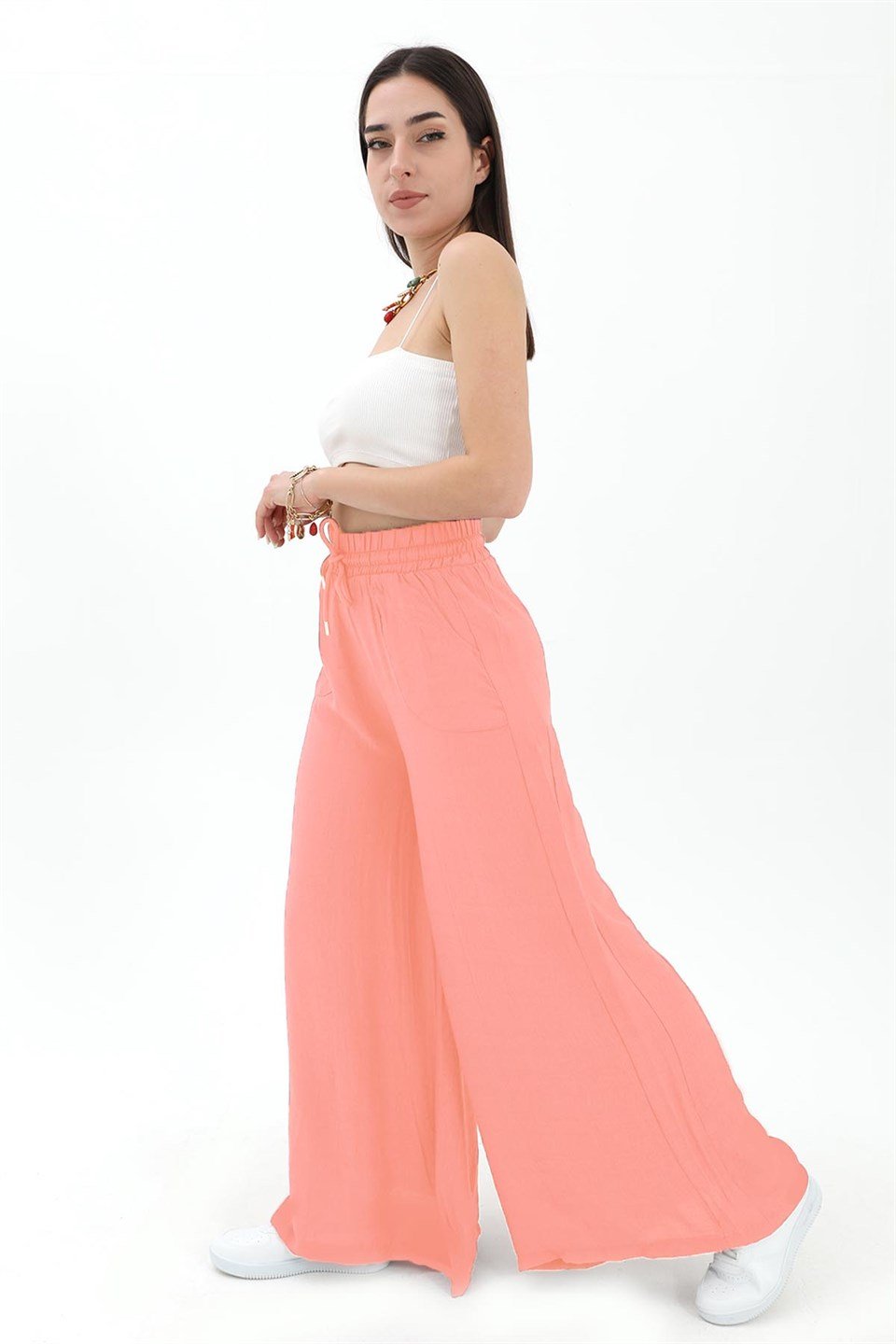 Geniş Kemerli Bol Paça Düz Keten Kadın Pantolon - Mercan