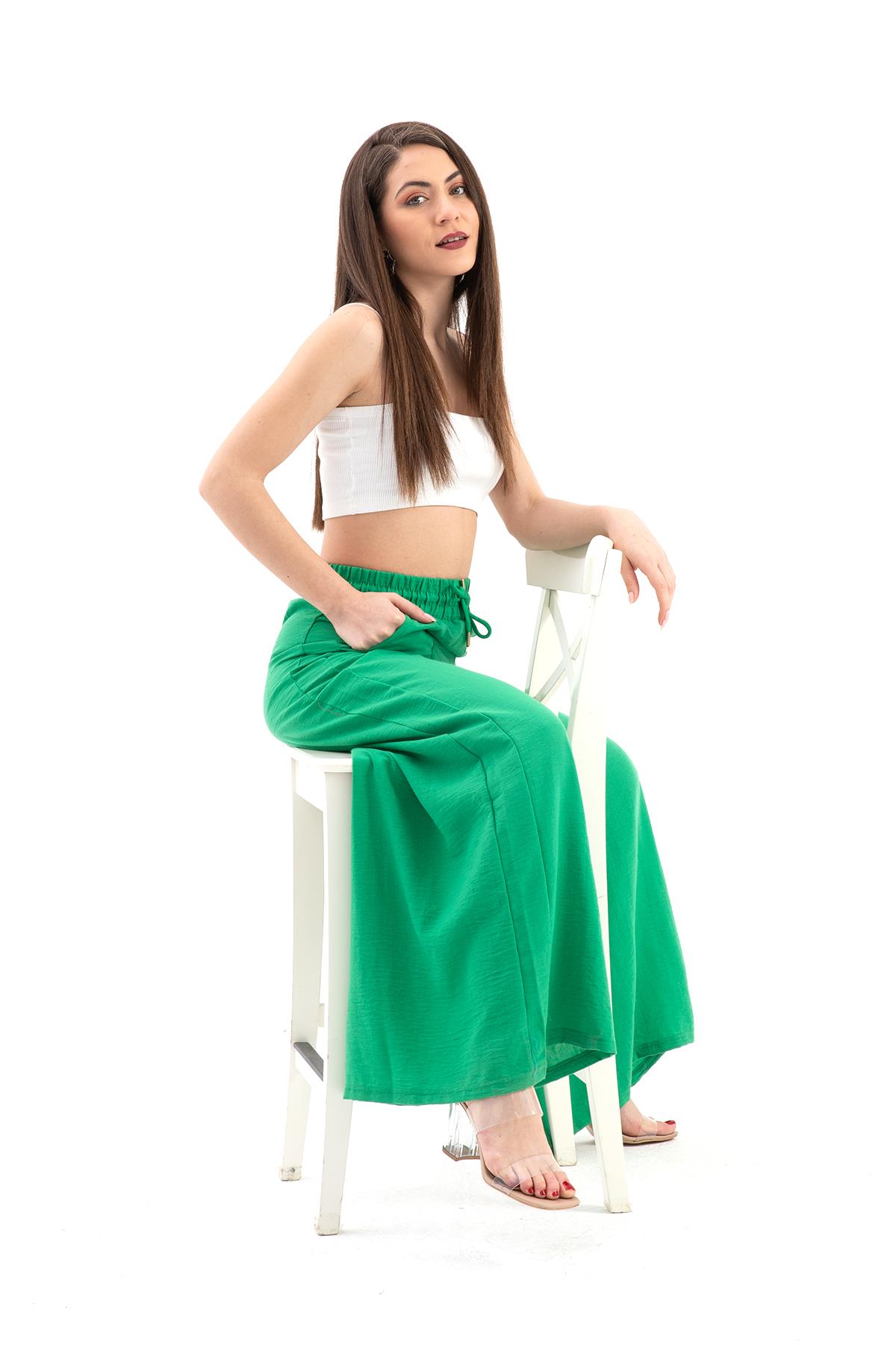 Geniş Kemerli Bol Paça Düz Keten Kadın Pantolon - Yeşil