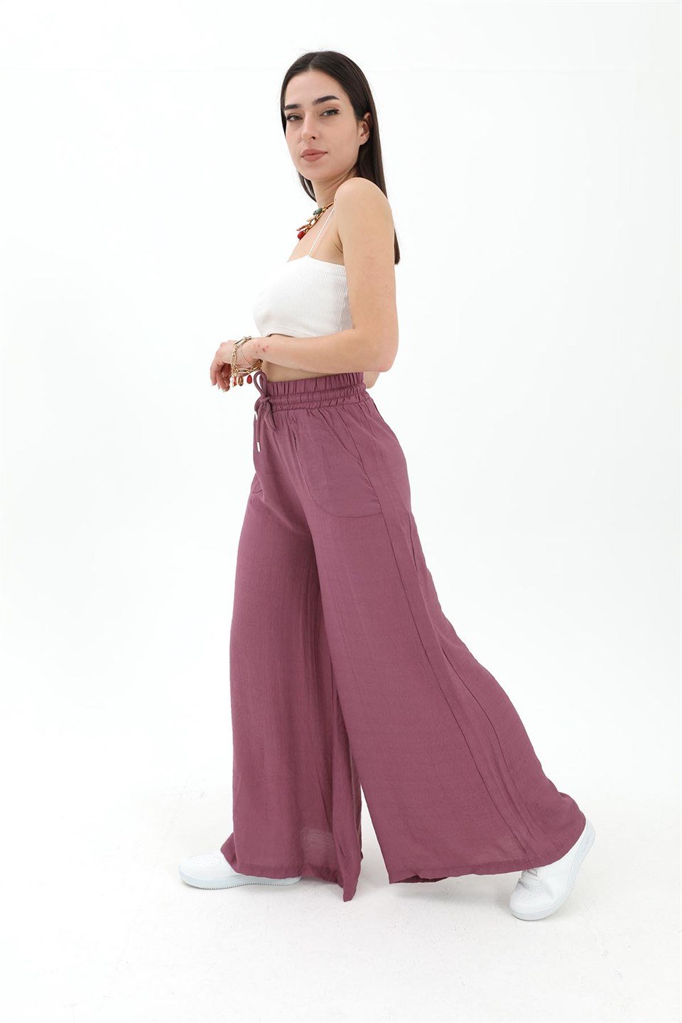 Geniş Kemerli Bol Paça Düz Keten Kadın Pantolon - Lila
