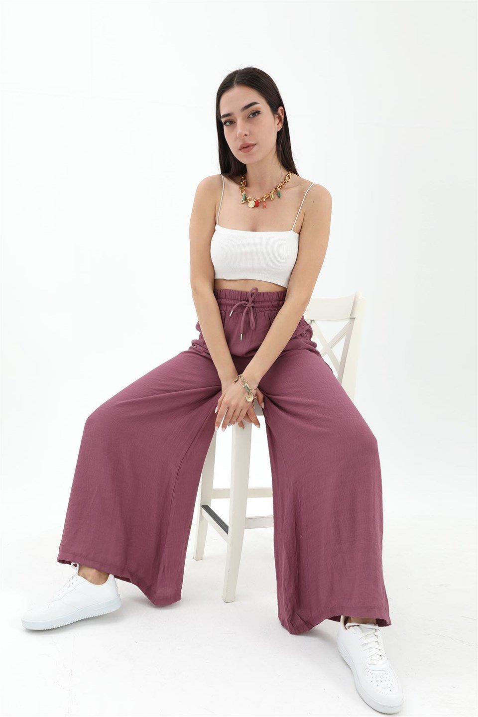 Geniş Kemerli Bol Paça Düz Keten Kadın Pantolon - Lila