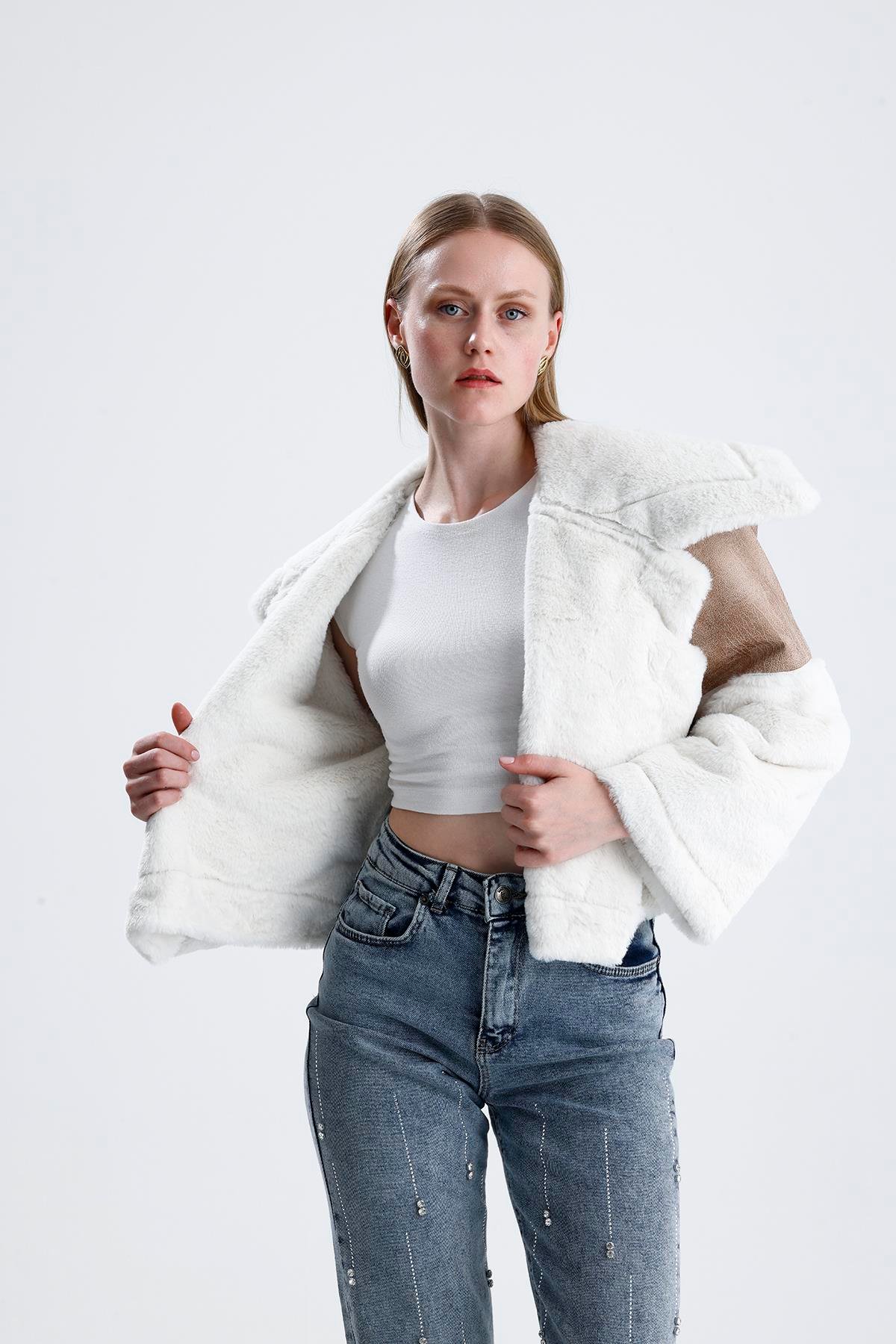 Geniş Yakalı Kolu Peluş Süet Eskitme Mont - Bej-Ekru