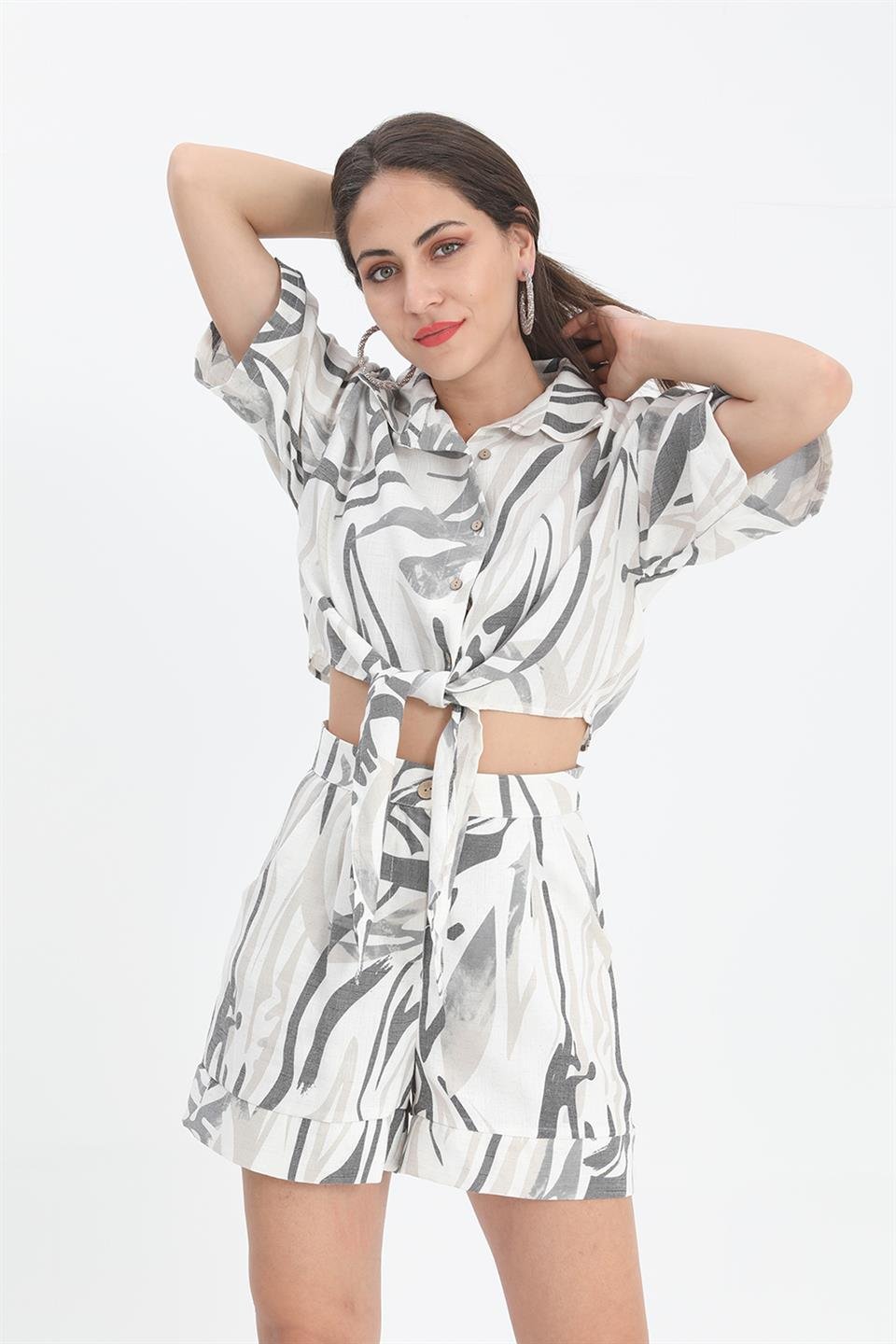 Gömlek Kısa Önden Bağlamalı Keten - Siyah