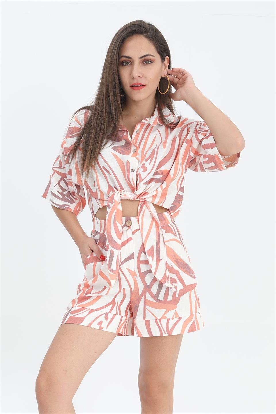 Gömlek Kısa Önden Bağlamalı Keten - Turuncu