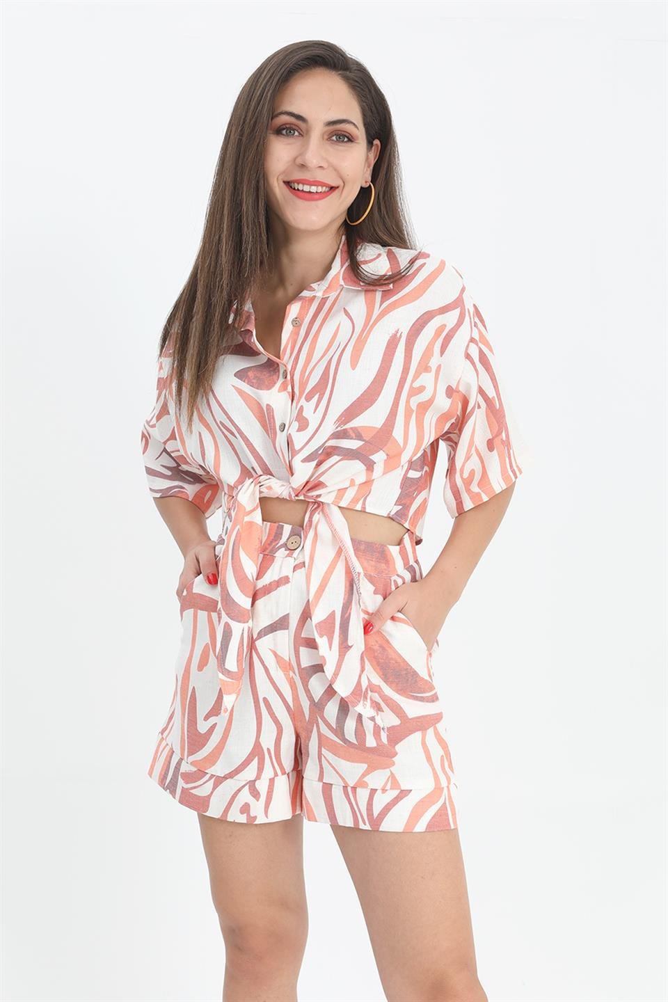 Gömlek Kısa Önden Bağlamalı Keten - Turuncu