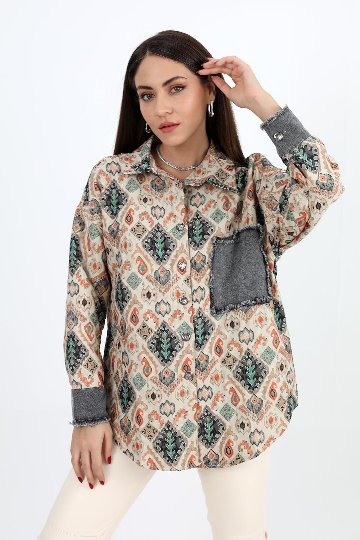 Gömlek Kot Garnili Baskılı Jakar Kapitone - Yeşil