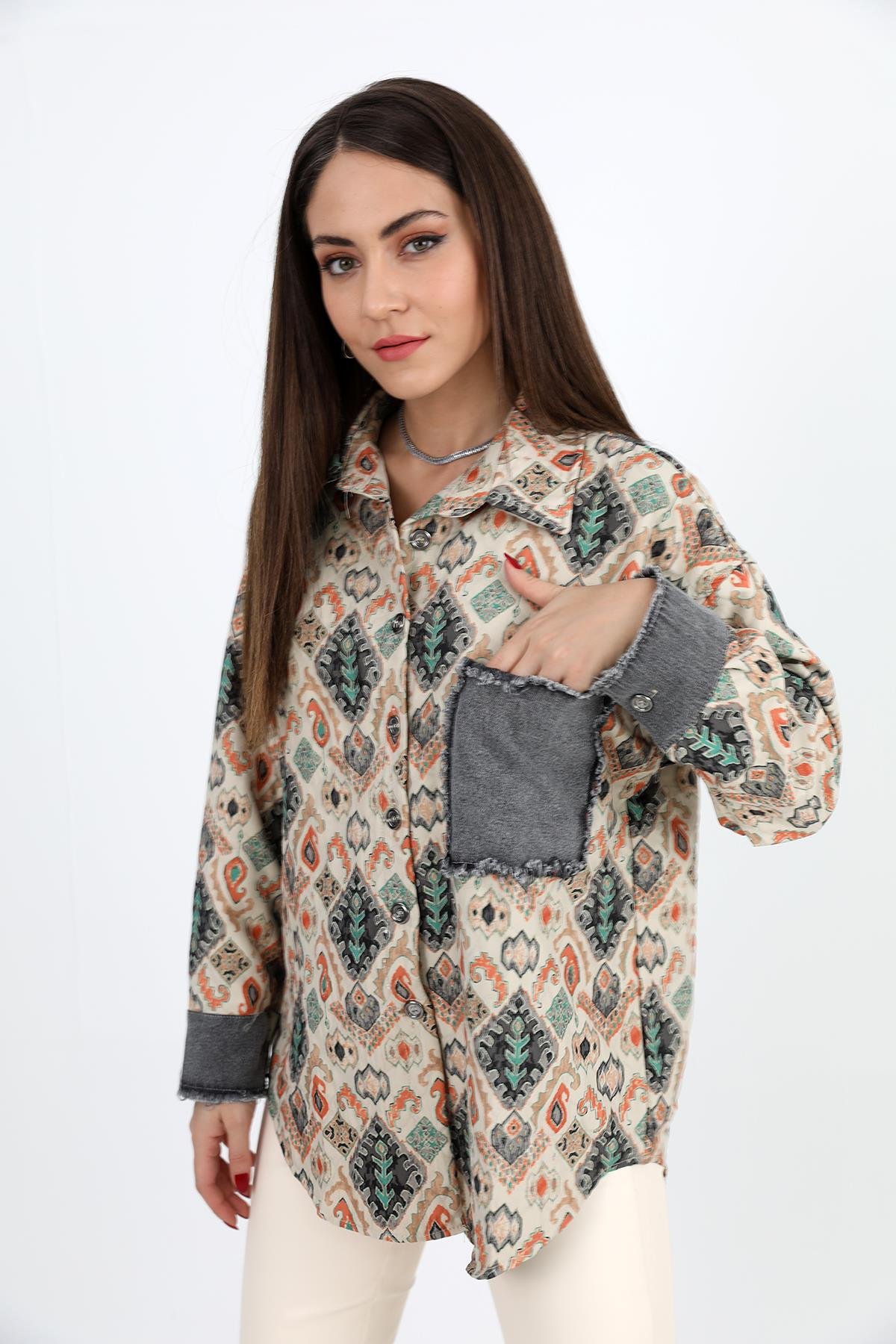 Gömlek Kot Garnili Baskılı Jakar Kapitone - Yeşil