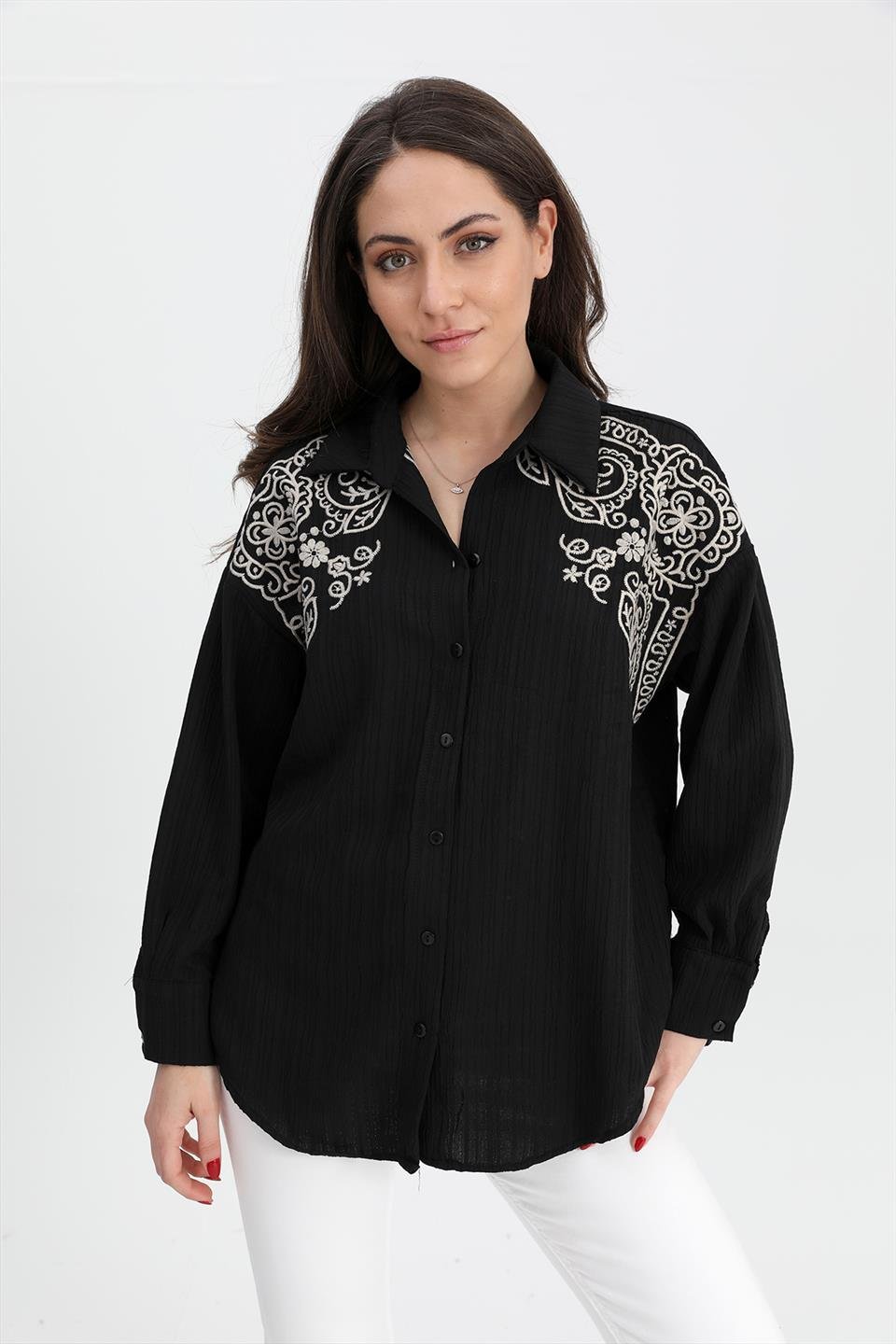 Gömlek Omuzları Nakışlı Keten - Siyah