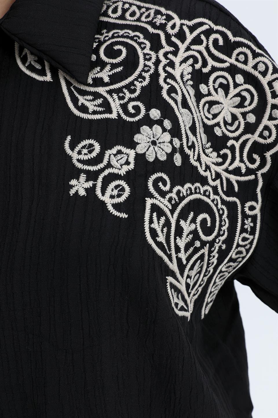 Gömlek Omuzları Nakışlı Keten - Siyah