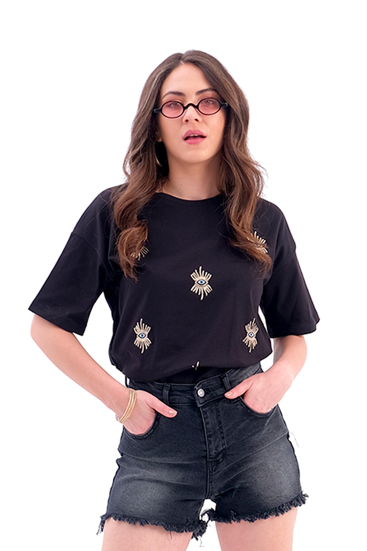 Göz Nakışlı Süprem Tişört - Siyah