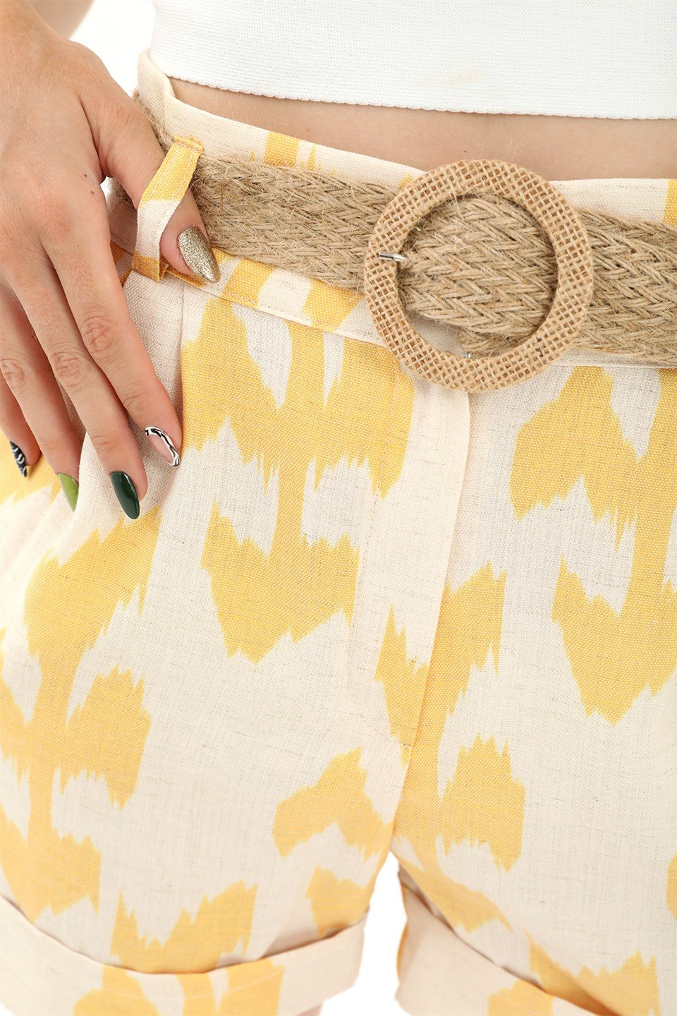 Hasır Kemer Baskılı Keten şort - Sarı