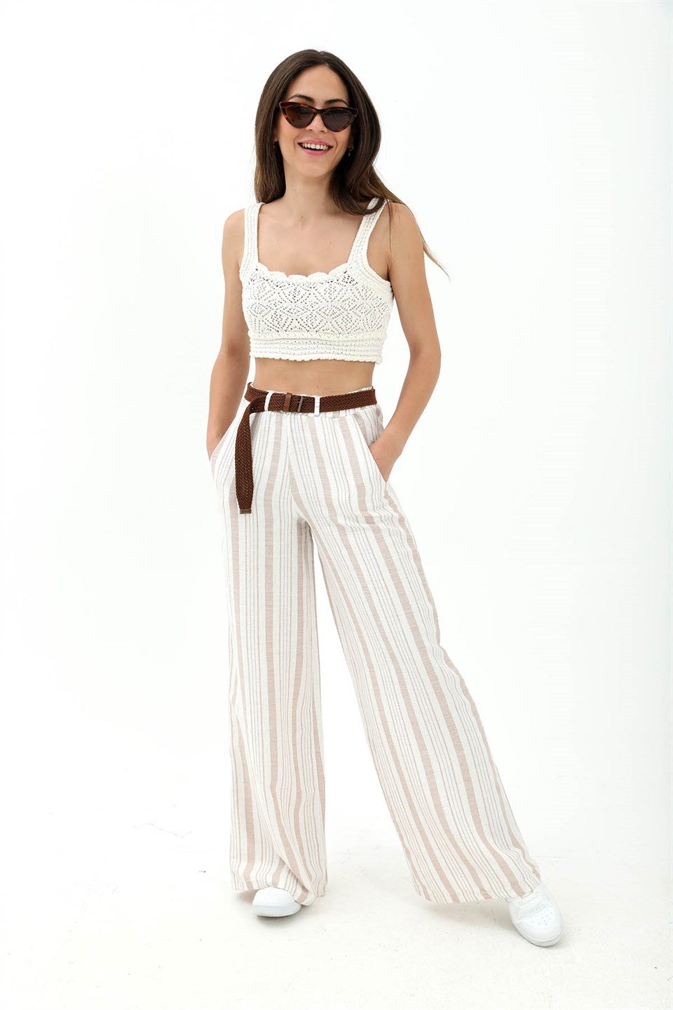 Hasır Kemer Çizgili Pantolon - Bej