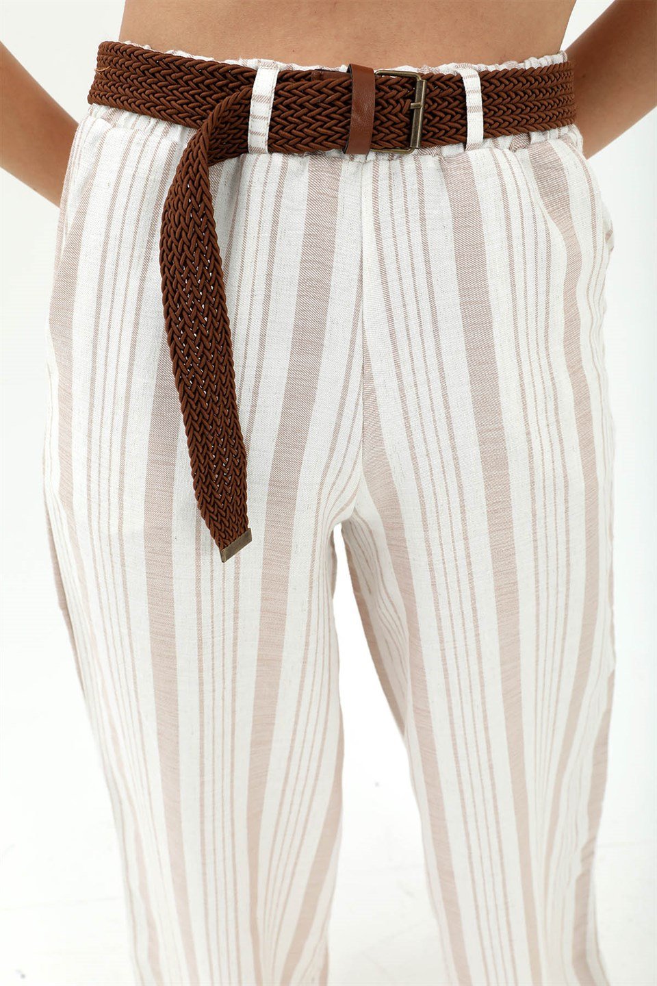 Hasır Kemer Çizgili Pantolon - Bej