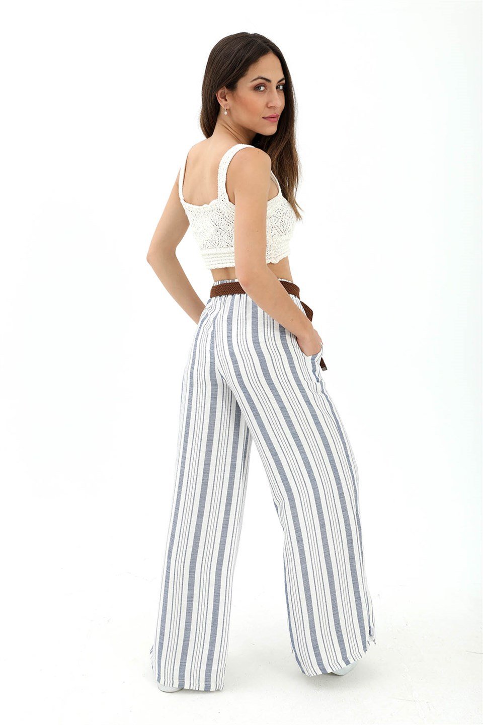 Hasır Kemer Çizgili Pantolon - Lacivert