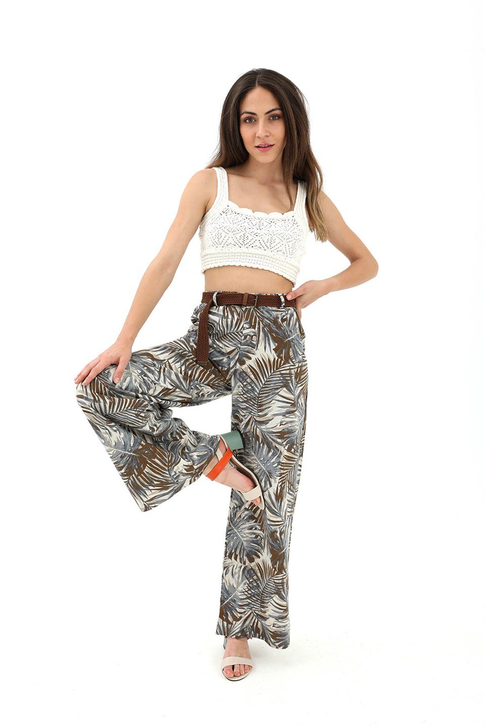 Hasır Kemer Desenli Keten Pantolon - Kahve