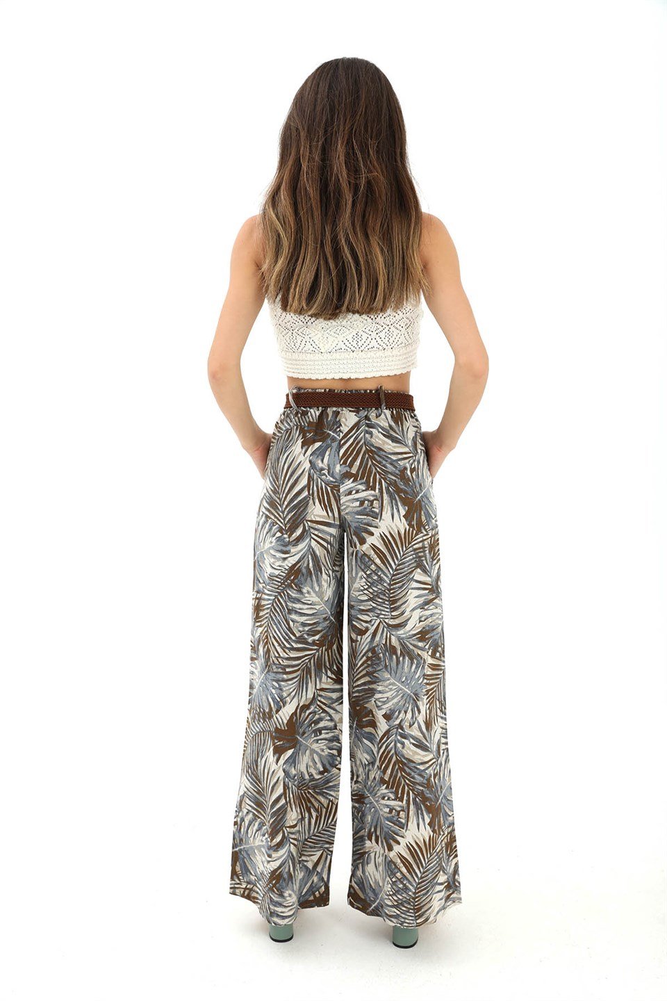 Hasır Kemer Desenli Keten Pantolon - Kahve