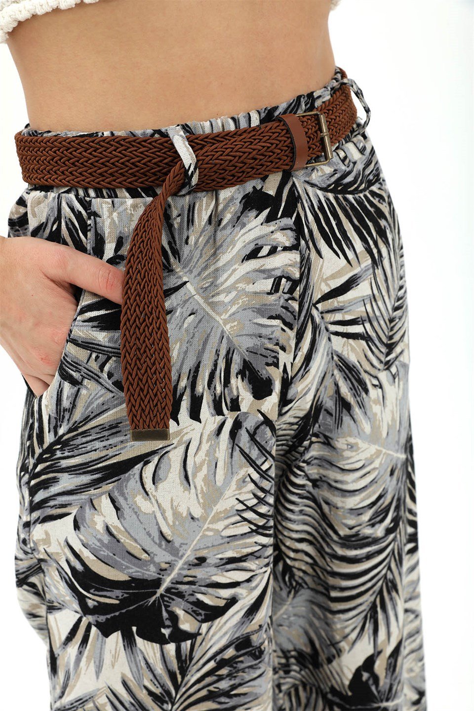 Hasır Kemer Desenli Keten Pantolon - Siyah