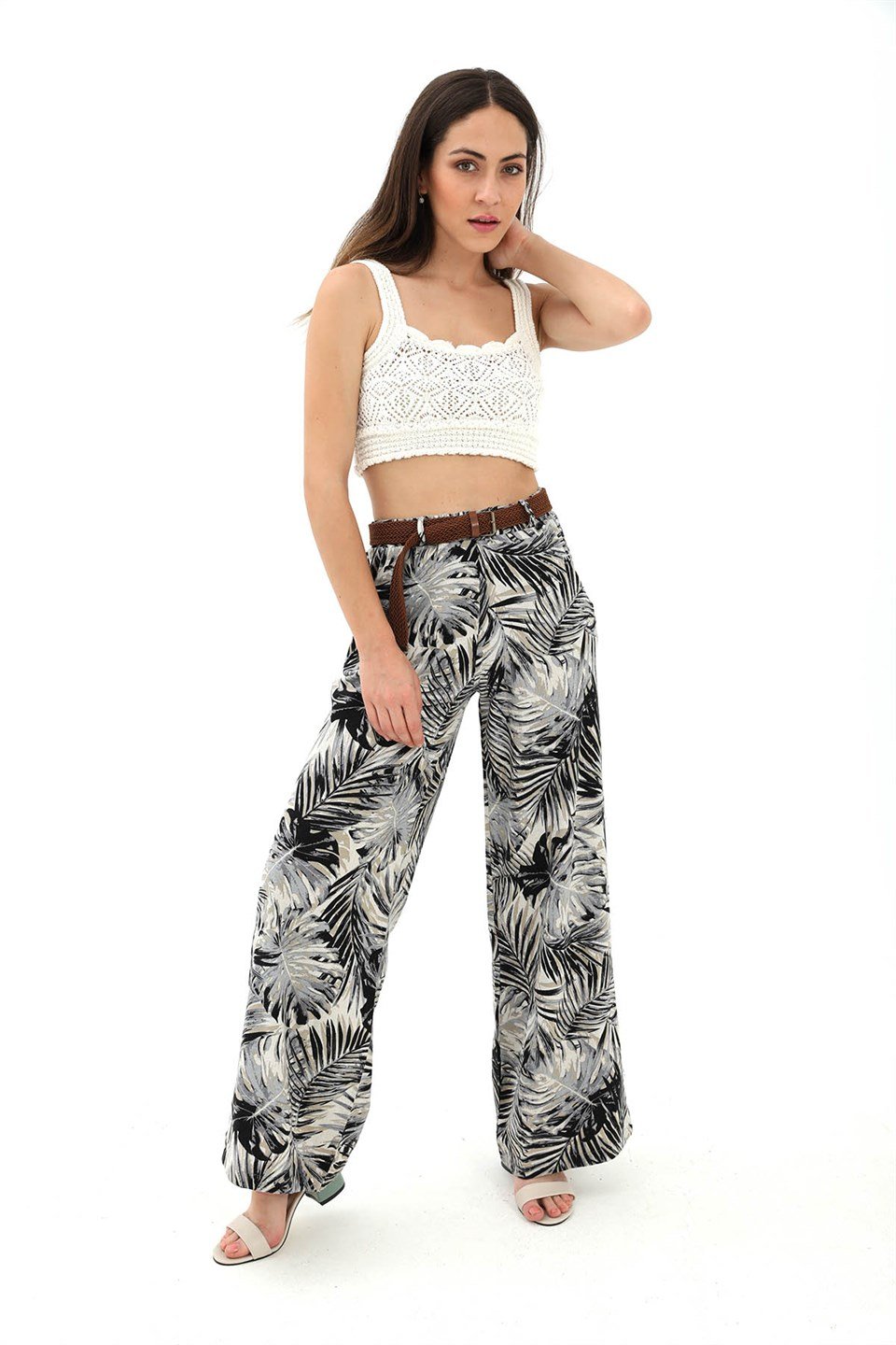 Hasır Kemer Desenli Keten Pantolon - Siyah