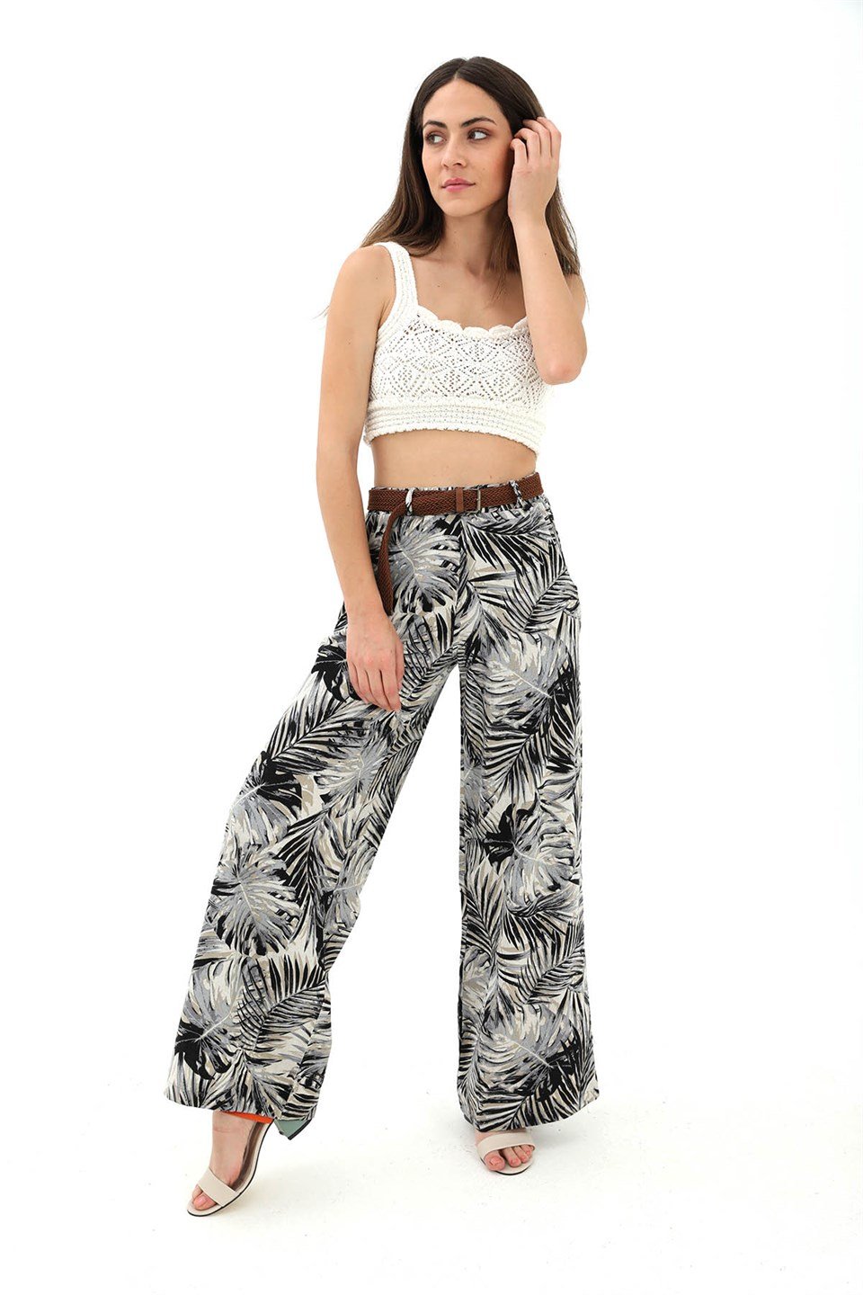 Hasır Kemer Desenli Keten Pantolon - Siyah