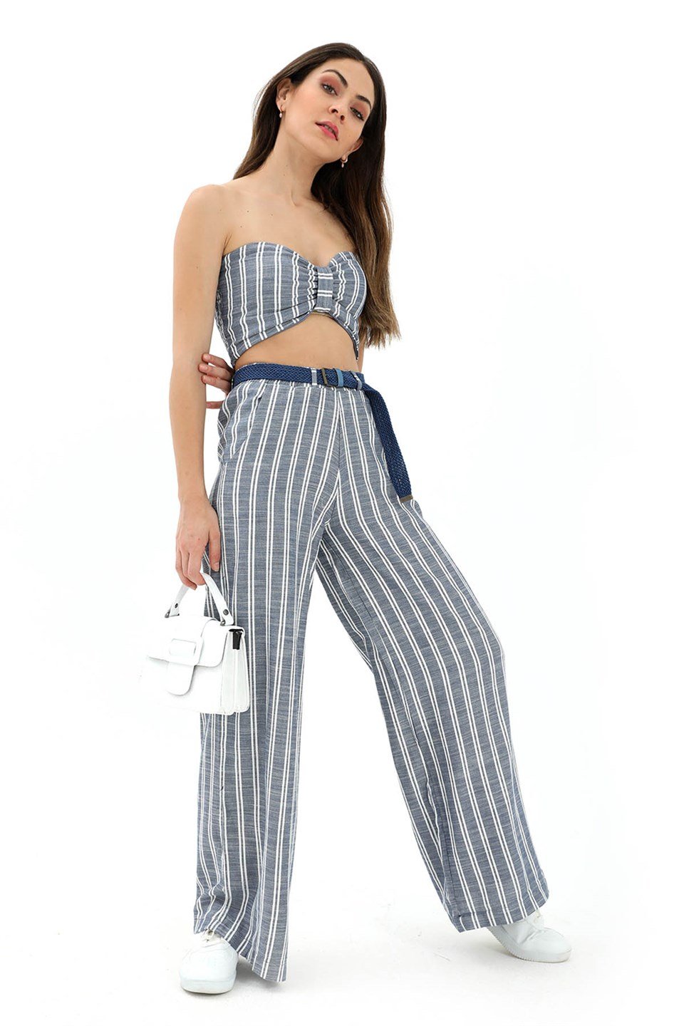 Hasır Kemerli Çizgili Keten Pantolon - İndigo