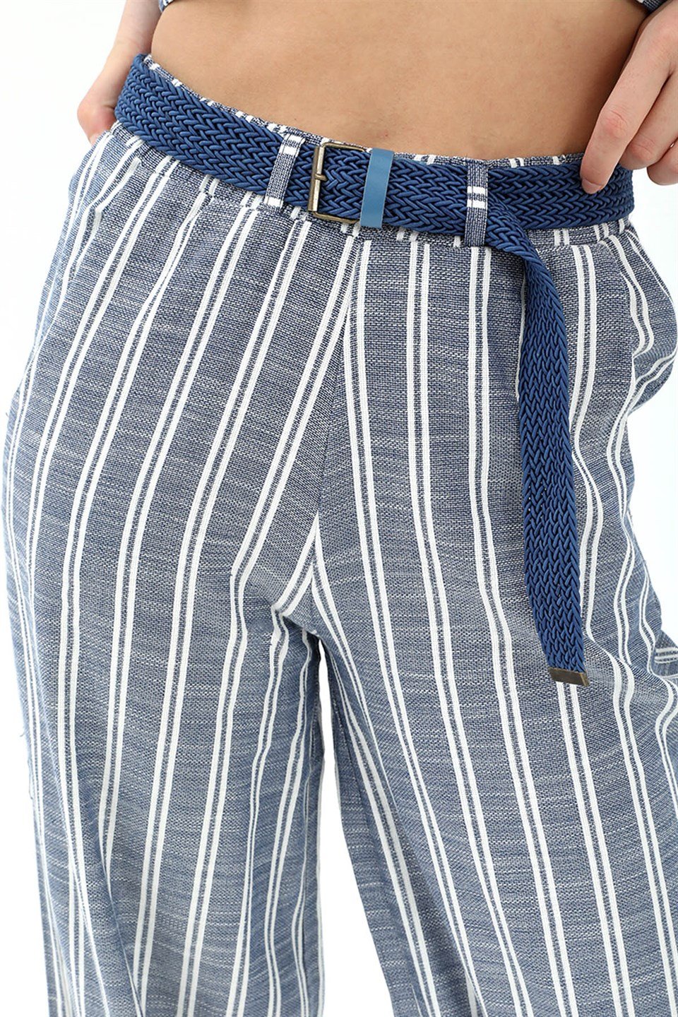 Hasır Kemerli Çizgili Keten Pantolon - İndigo