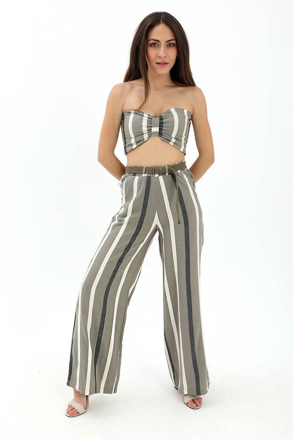 Hasır Kemerli Çizgili Keten Pantolon - Yeşil