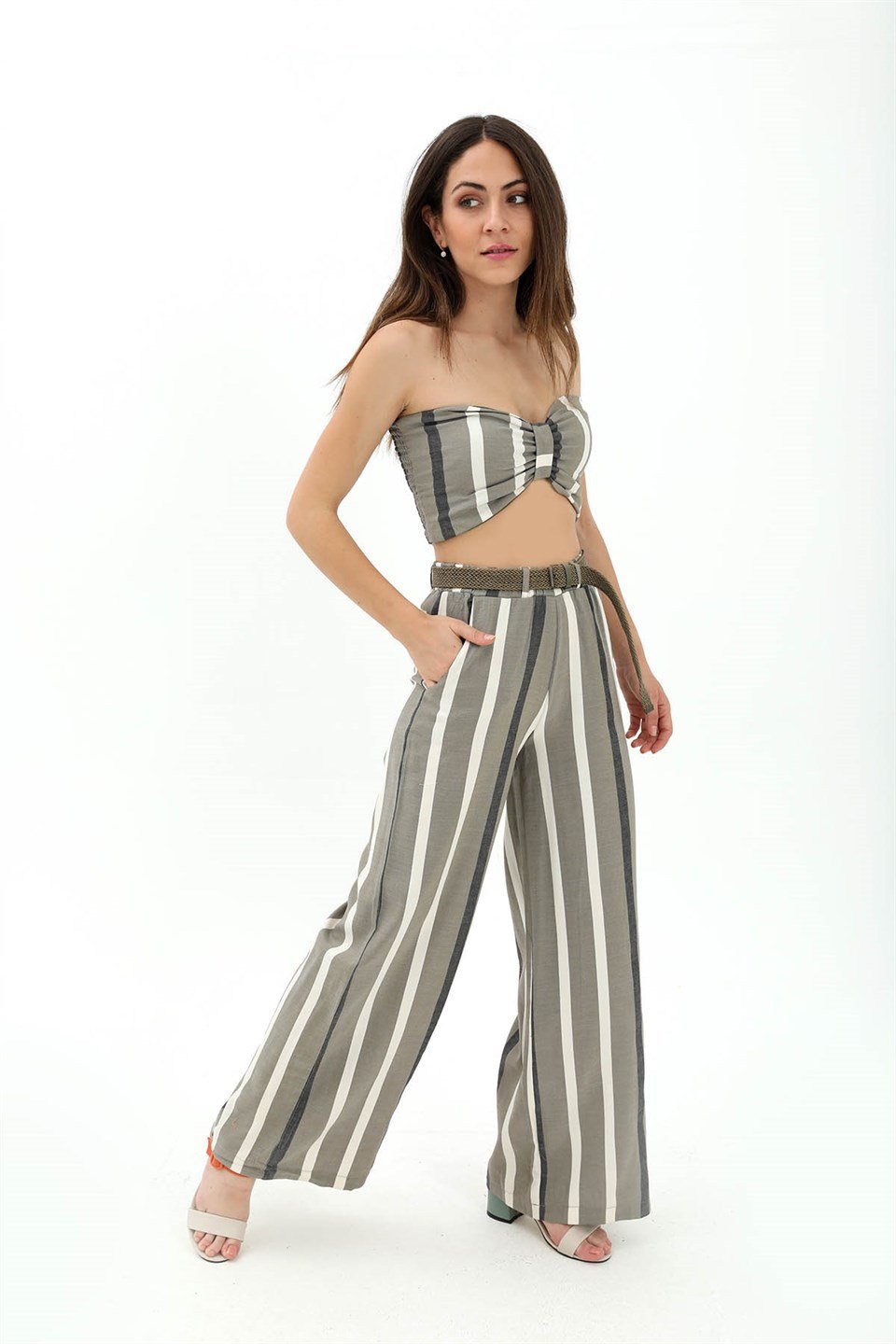 Hasır Kemerli Çizgili Keten Pantolon - Yeşil