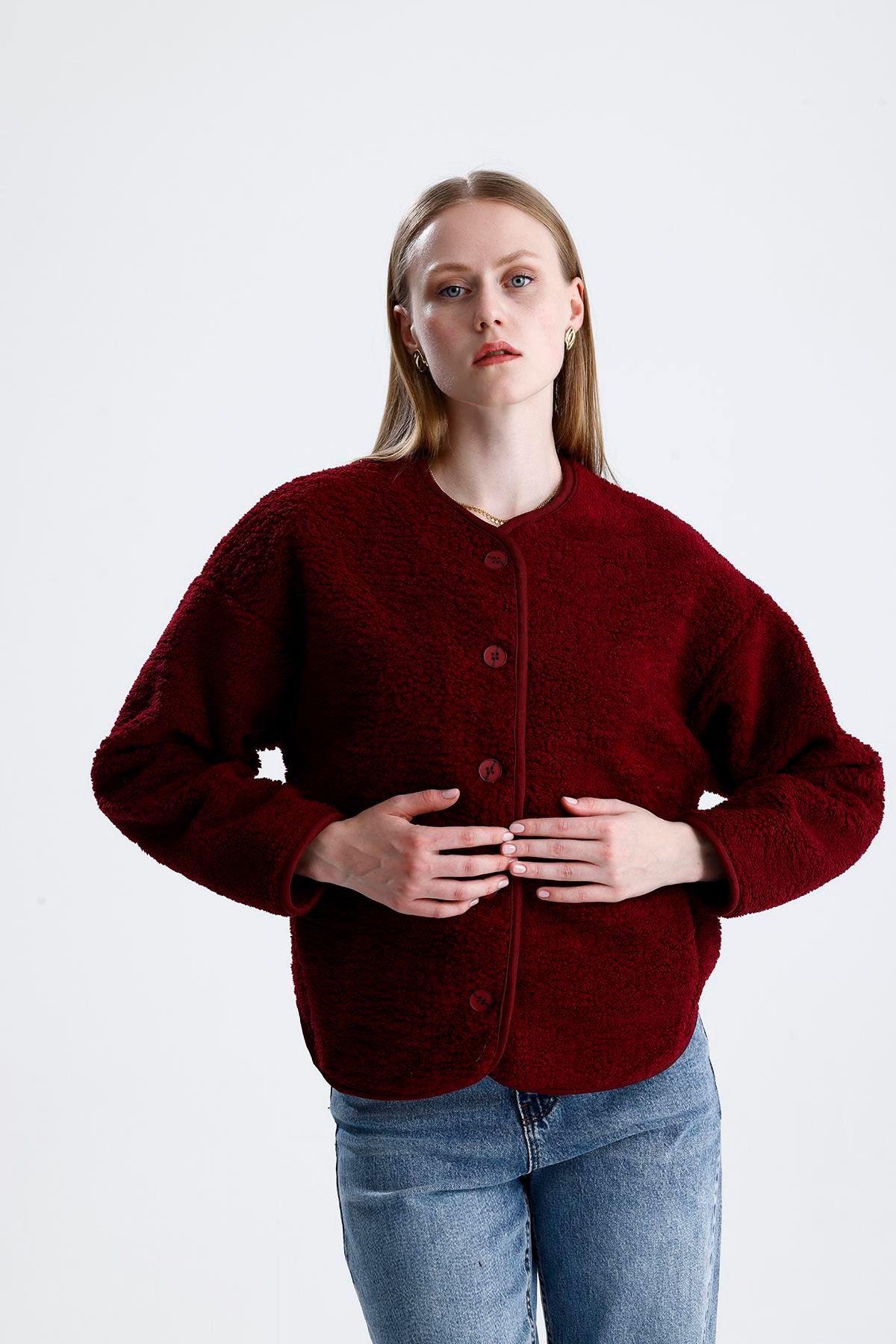 İçi Polarlı Düğmeli Peluş Ceket - Bordo