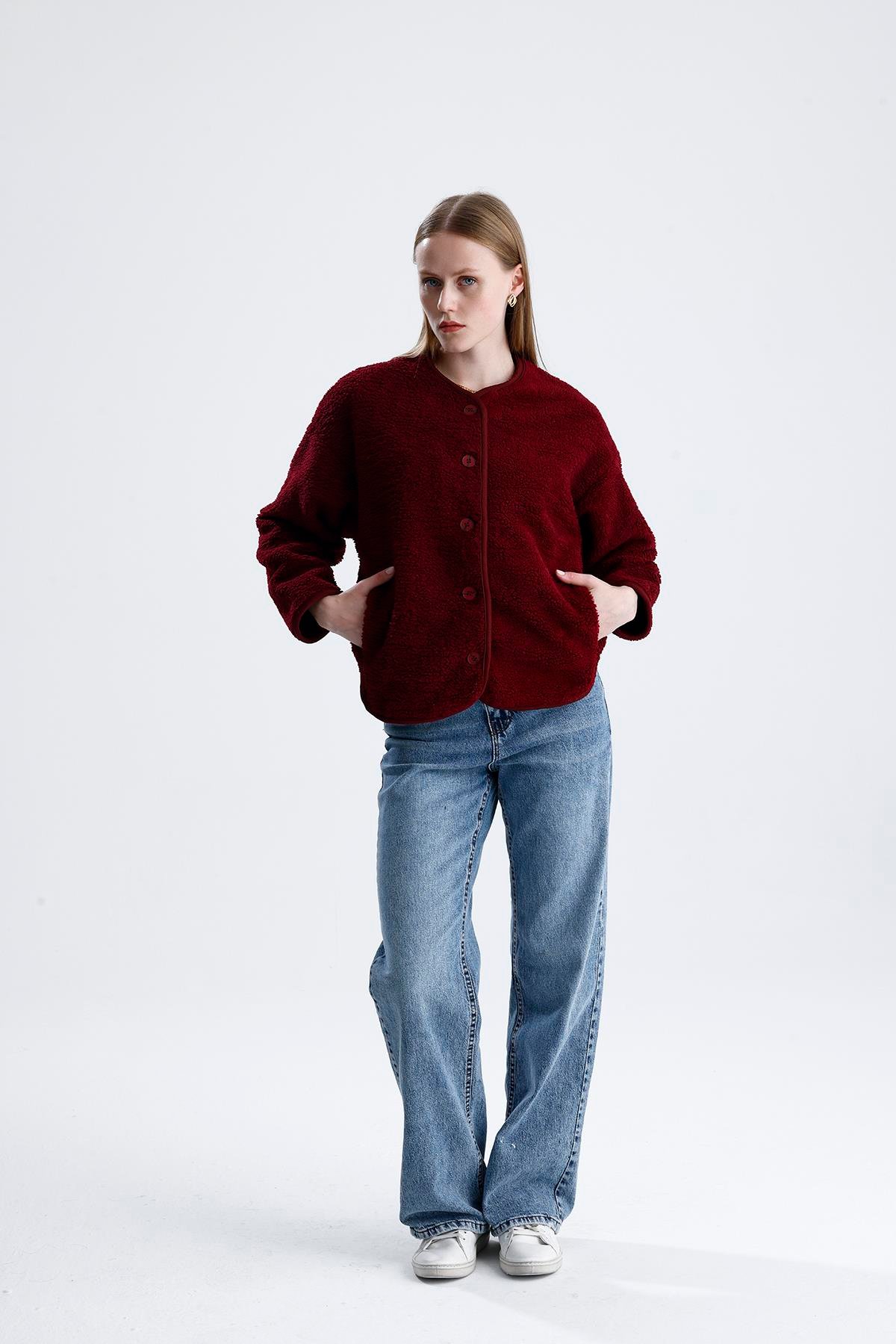 İçi Polarlı Düğmeli Peluş Ceket - Bordo