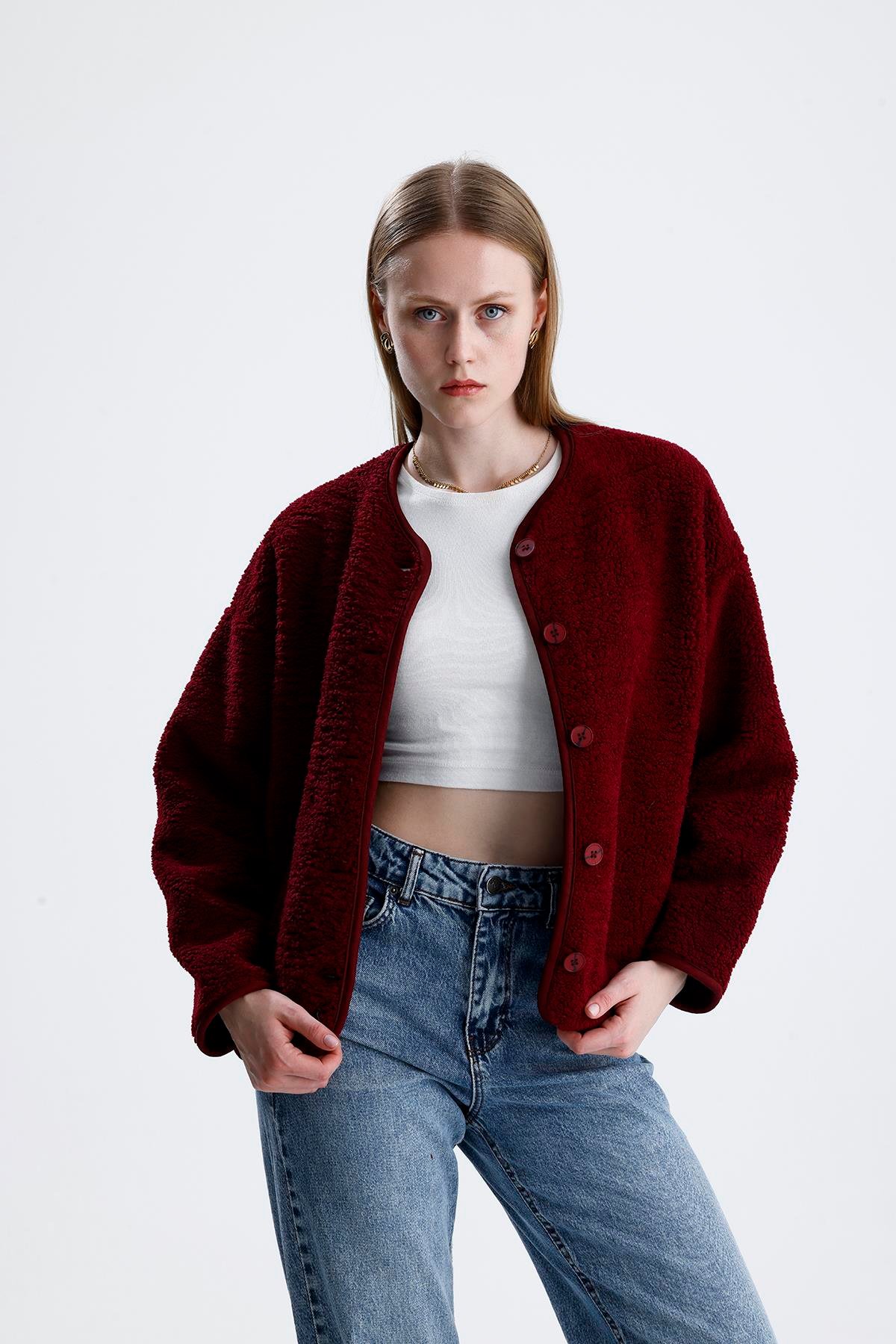 İçi Polarlı Düğmeli Peluş Ceket - Bordo