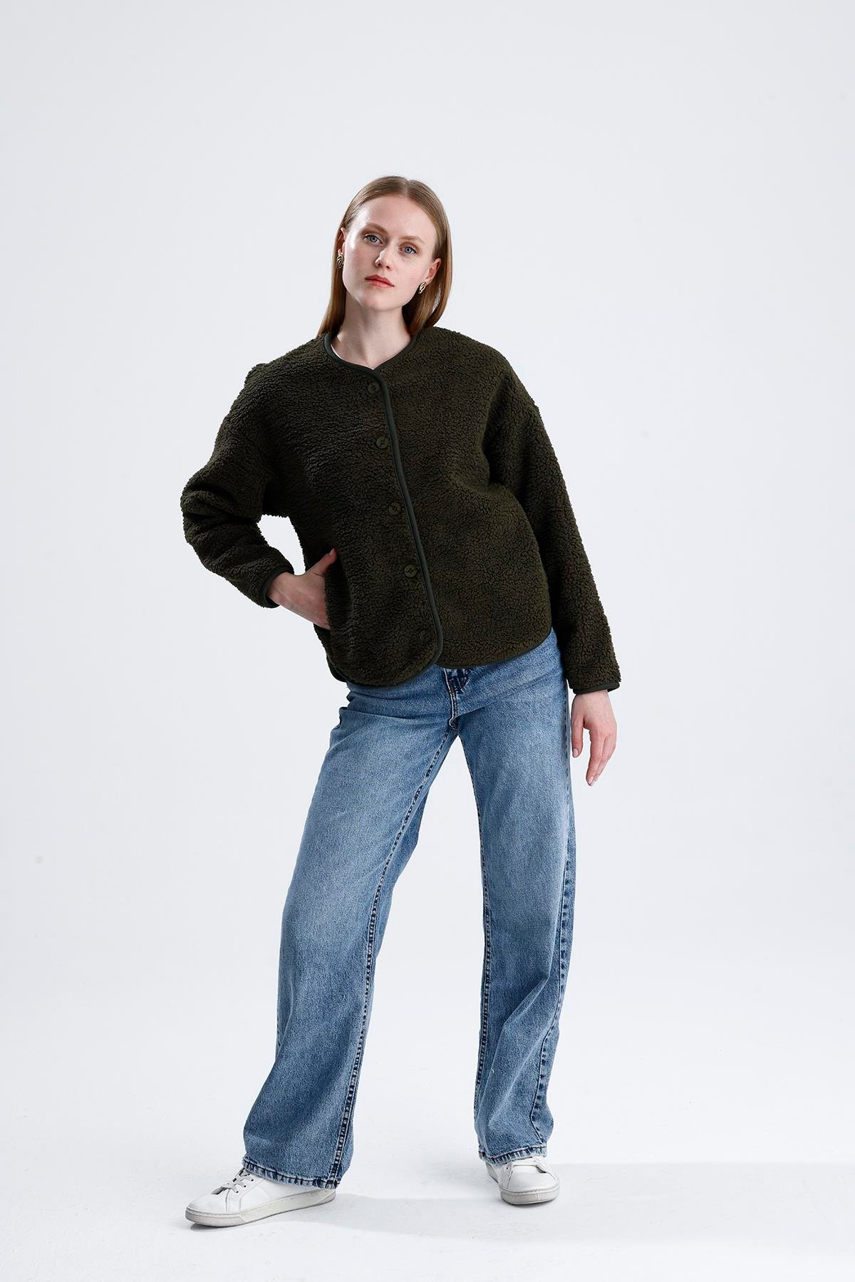 İçi Polarlı Düğmeli Peluş Ceket - Haki