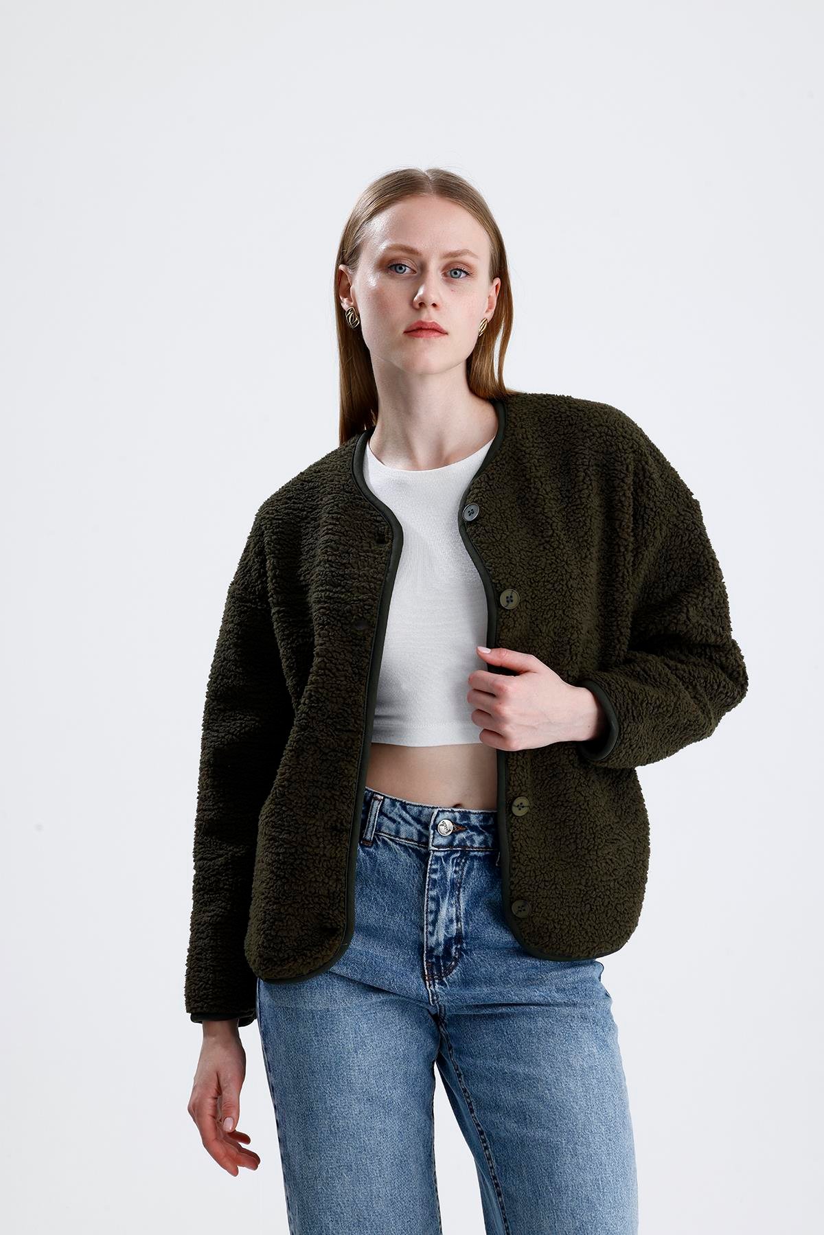 İçi Polarlı Düğmeli Peluş Ceket - Haki