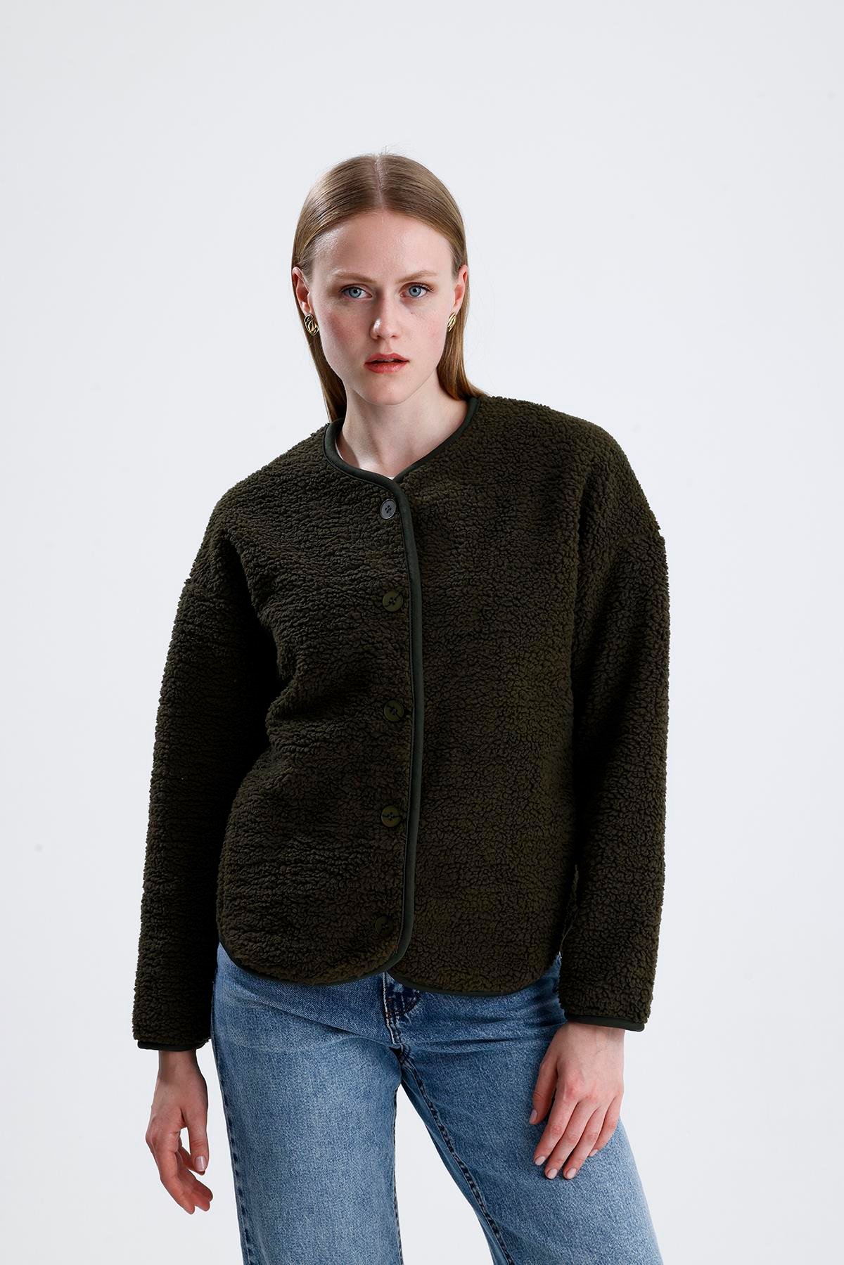 İçi Polarlı Düğmeli Peluş Ceket - Haki