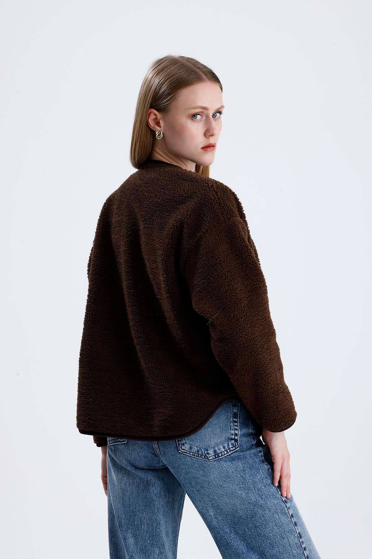 İçi Polarlı Düğmeli Peluş Ceket - Kahve