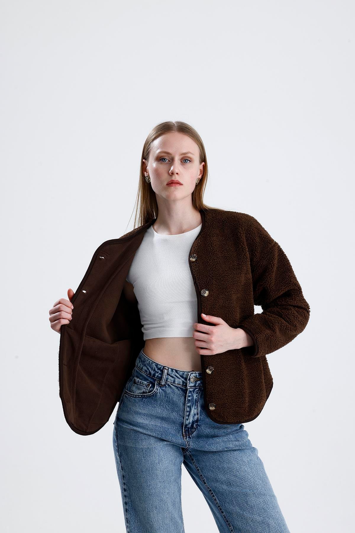 İçi Polarlı Düğmeli Peluş Ceket - Kahve
